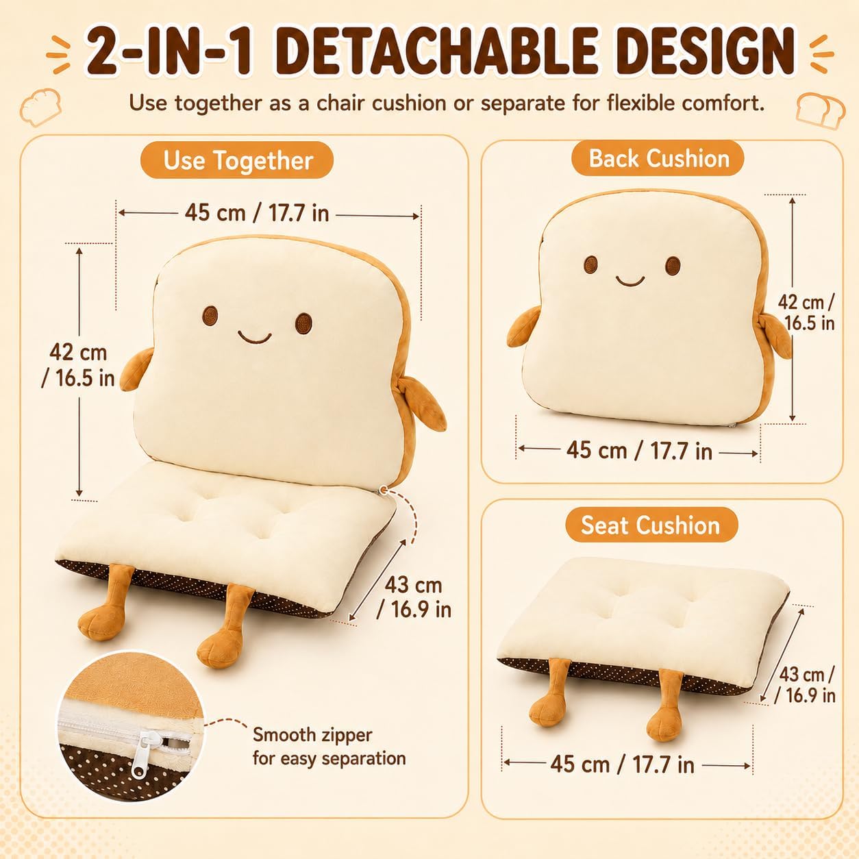 ChezMax Chair Cushion Plush Detachable Seat Back Cushion with Ties Thickened Chair Pads Toast Cartoon Waist Pillow for Outdoor Car Office Patio Bedroom Living Room Smiley