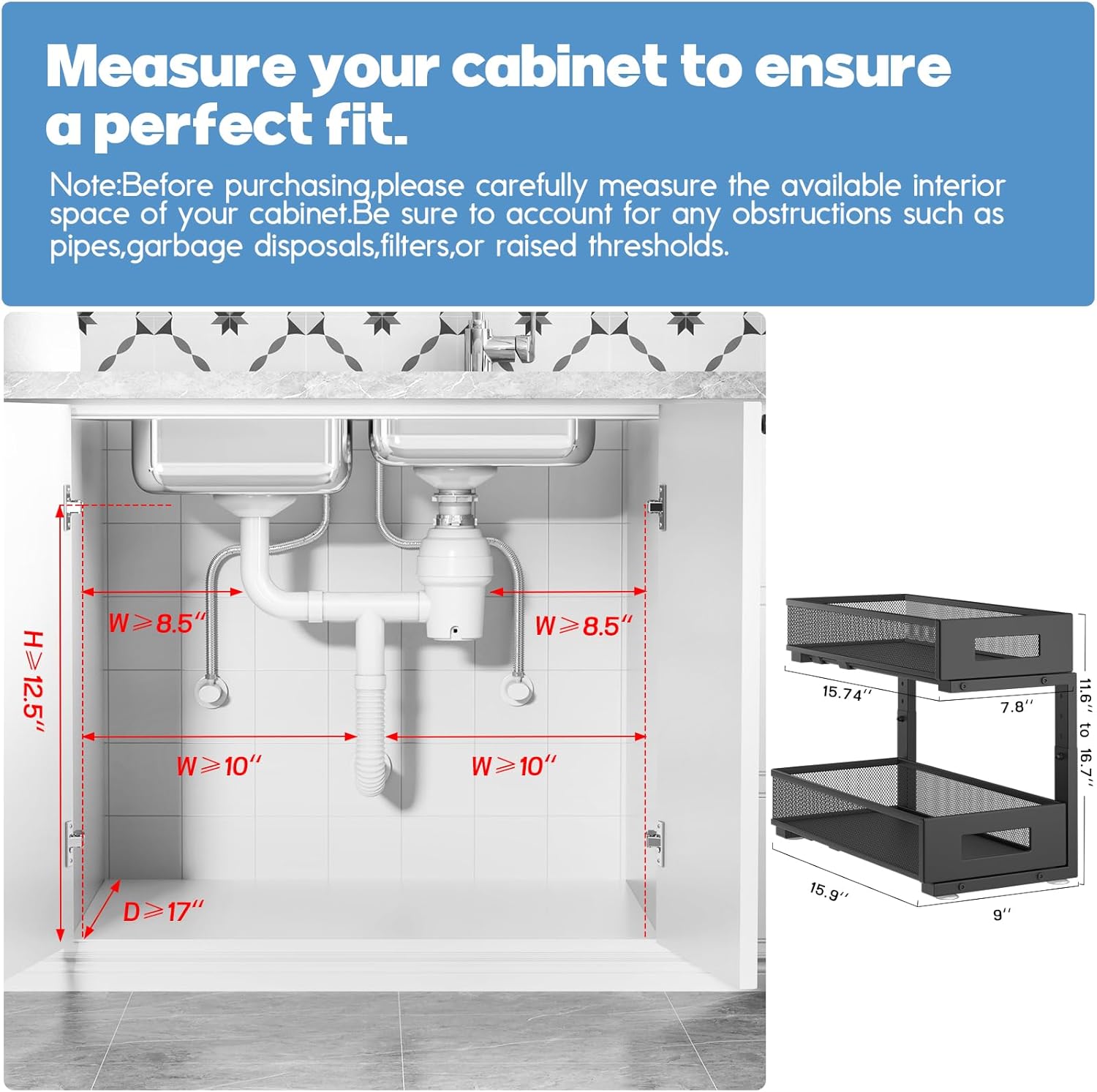 2-Pack Under Sink Organizers And Storage,Large Capacity 2-Tier Pull-Out Cabinet Organizer With Upgraded Tube Rails,Adjustable Height Sliding Drawers,Sturdy Mesh Shelves For Kitchen&Bathroom-Black