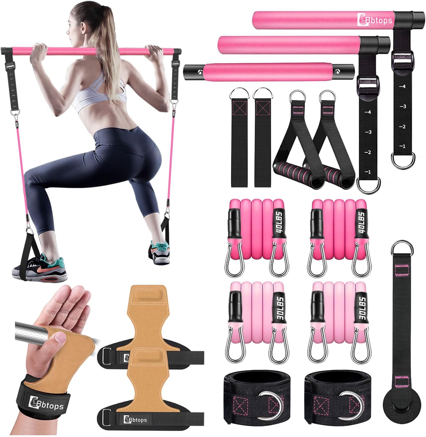 Pilates Bar Kit with Resistance Bands and 1 Pair Brown Double-Layer Leather Weight Lifting Wrist Strap