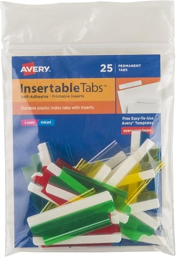 Avery 16239 Insertable Index Tabs with Printable Inserts, Two, Assorted Tab (Pack of 25)