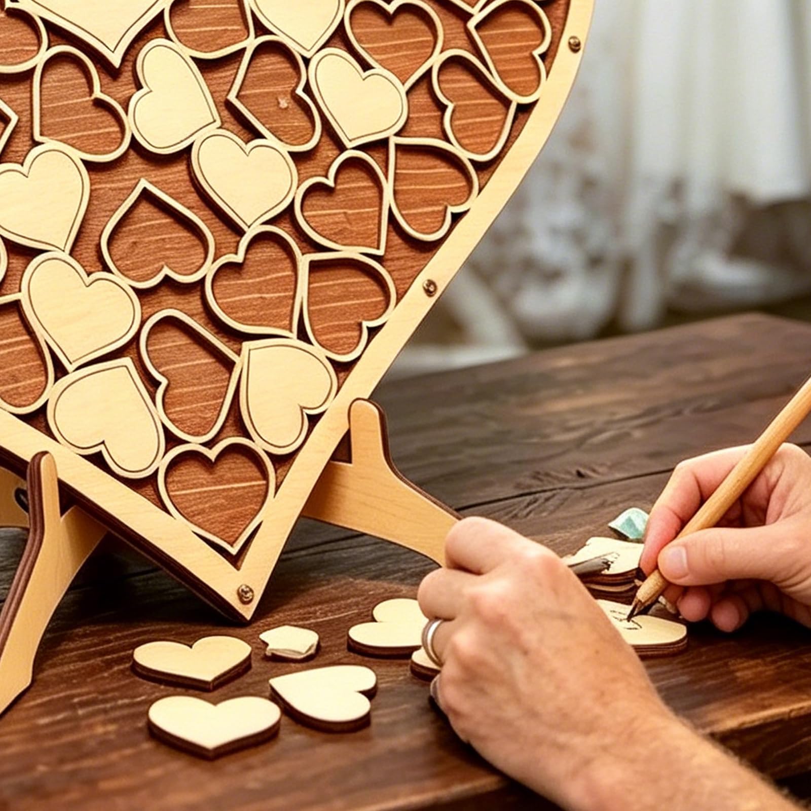 Libro de visitas de boda, libro de visitas de madera con 84 corazones y base de madera, personalizado, forma de corazón, libro de visitas alternativo, libro de visitas de boda, para fiestas