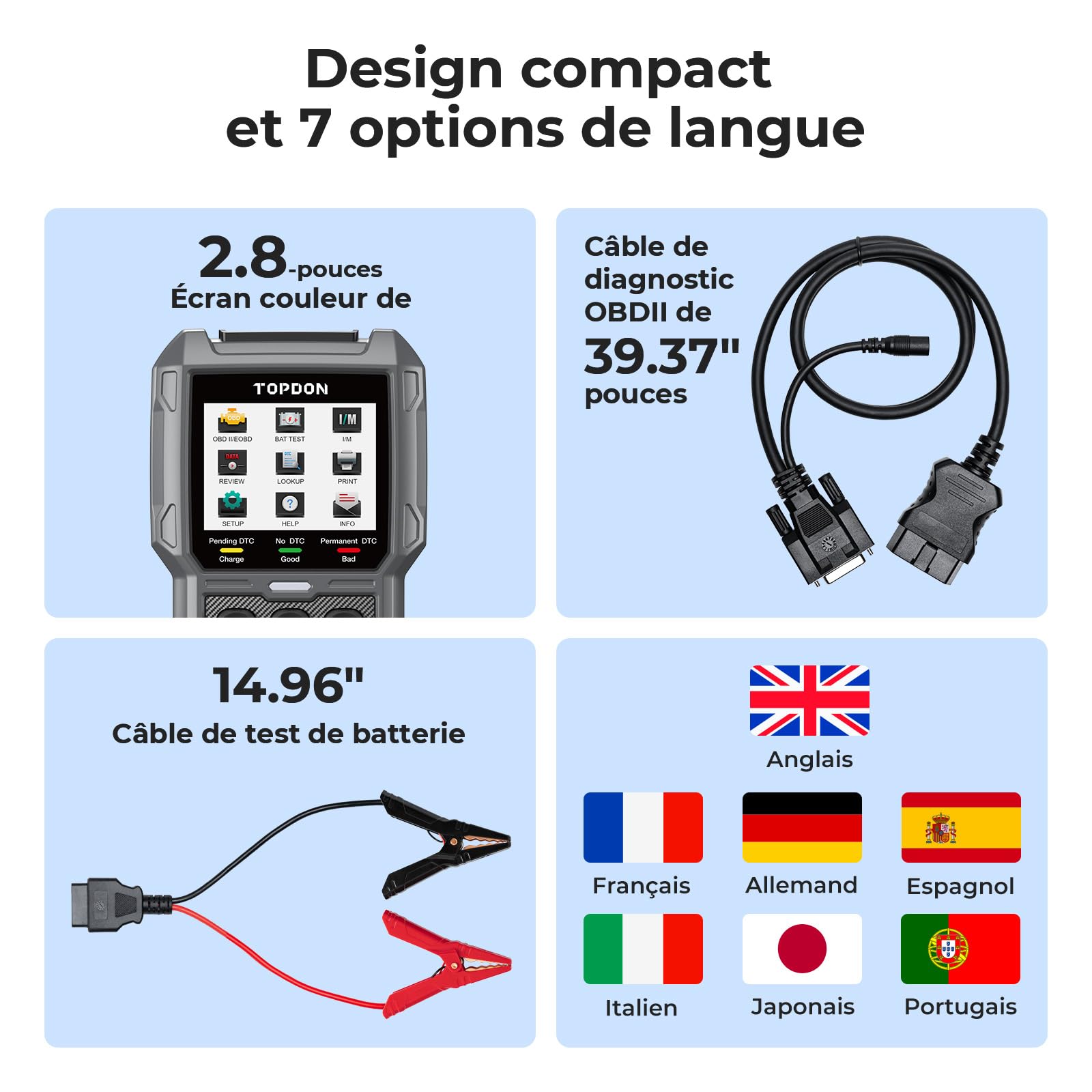 TOPDON ArtiLink500B OBD2 Lecteur de Codes, Testeur de Batterie de Voiture 2 en 1, Fonction OBD2 Complète Automobile 12V Tests de Batterie, 12V/24V Tests de Démarrage/Charge, Mise à Jour Gratuite