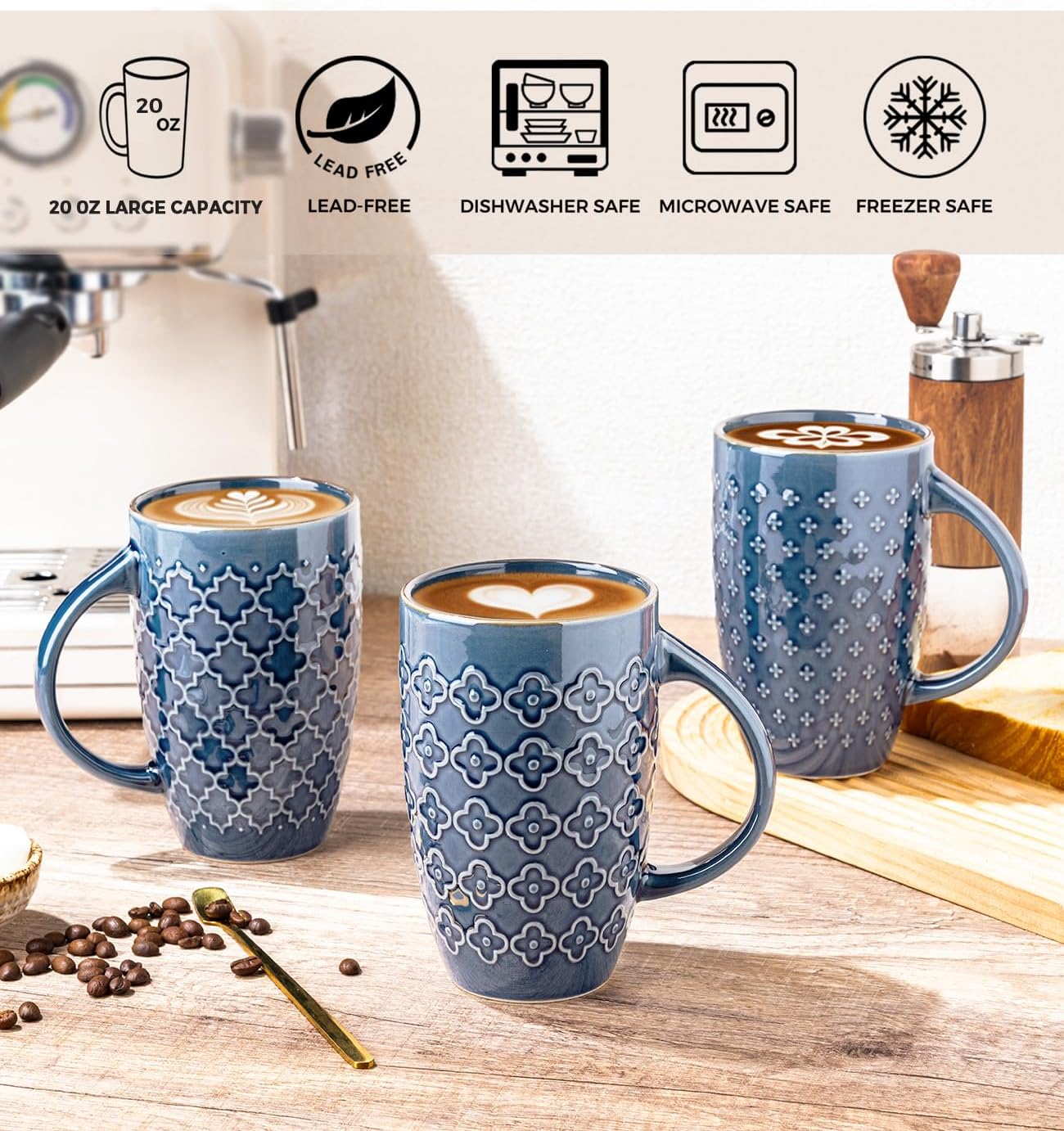 AmorArc Large Coffee Mugs Set of 6, 20oz Ceramic Tall Coffee Mugs Set with Textured Patterns for Coffee/Tea/Beer/Hot Cocoa, Dishwasher & Microwave Safe-Moonlight Blue