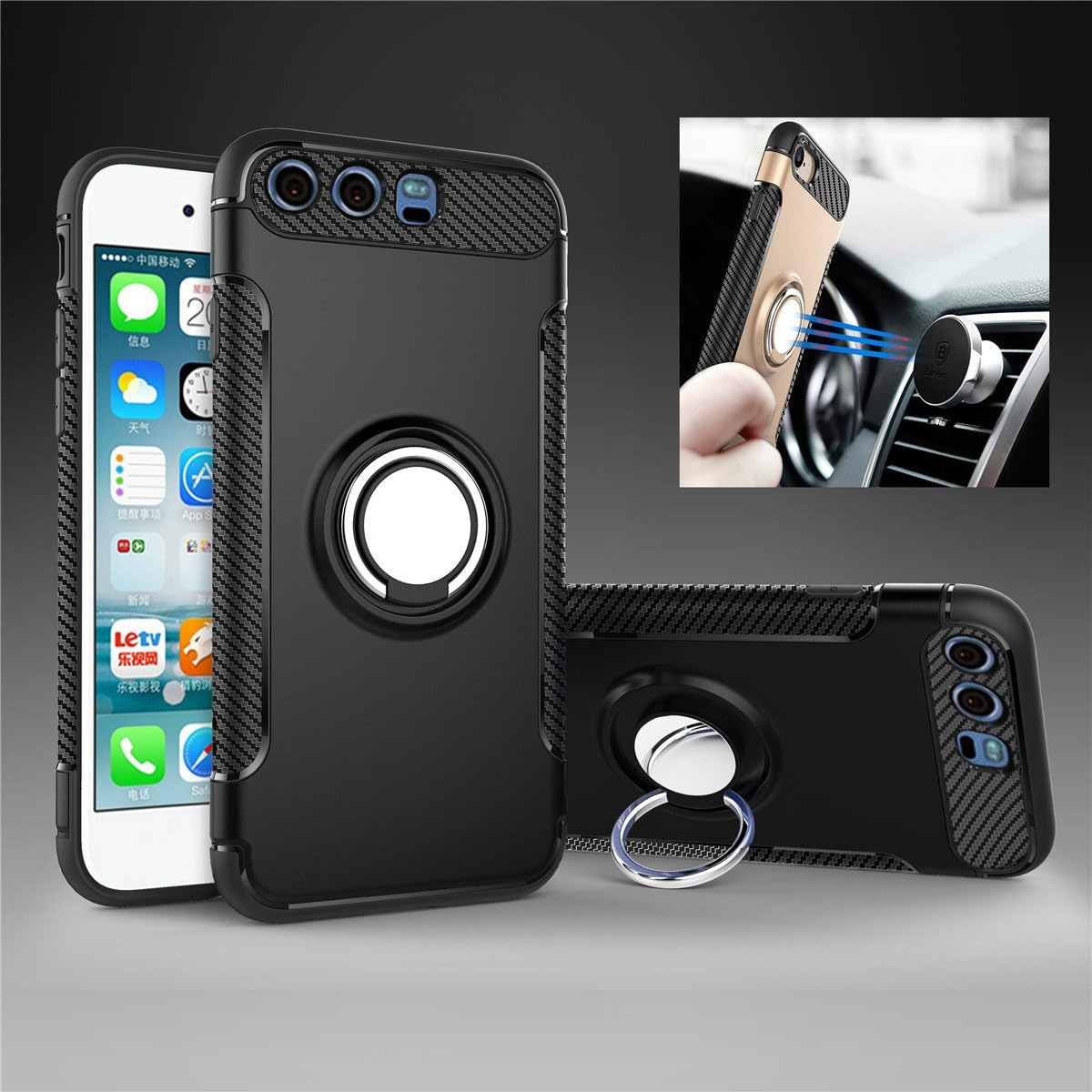 Case for HUAWEI P20 - [Rotating Ring Kickstand] Carbon Fiber [Dual Shockproof] Protection Cover [fit Magnetic Car Mount] (P10, Black)