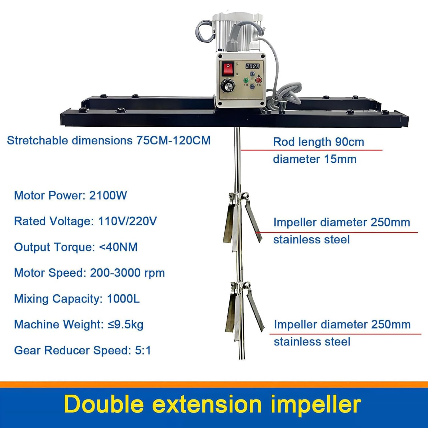 IBC Agitador de pintura eléctrico de 2100 W, velocidad ajustable 200-3000 RPM, barra de extensión de 30-47 pulgadas para bolsas, tambores, pinturas, productos químicos, tintas