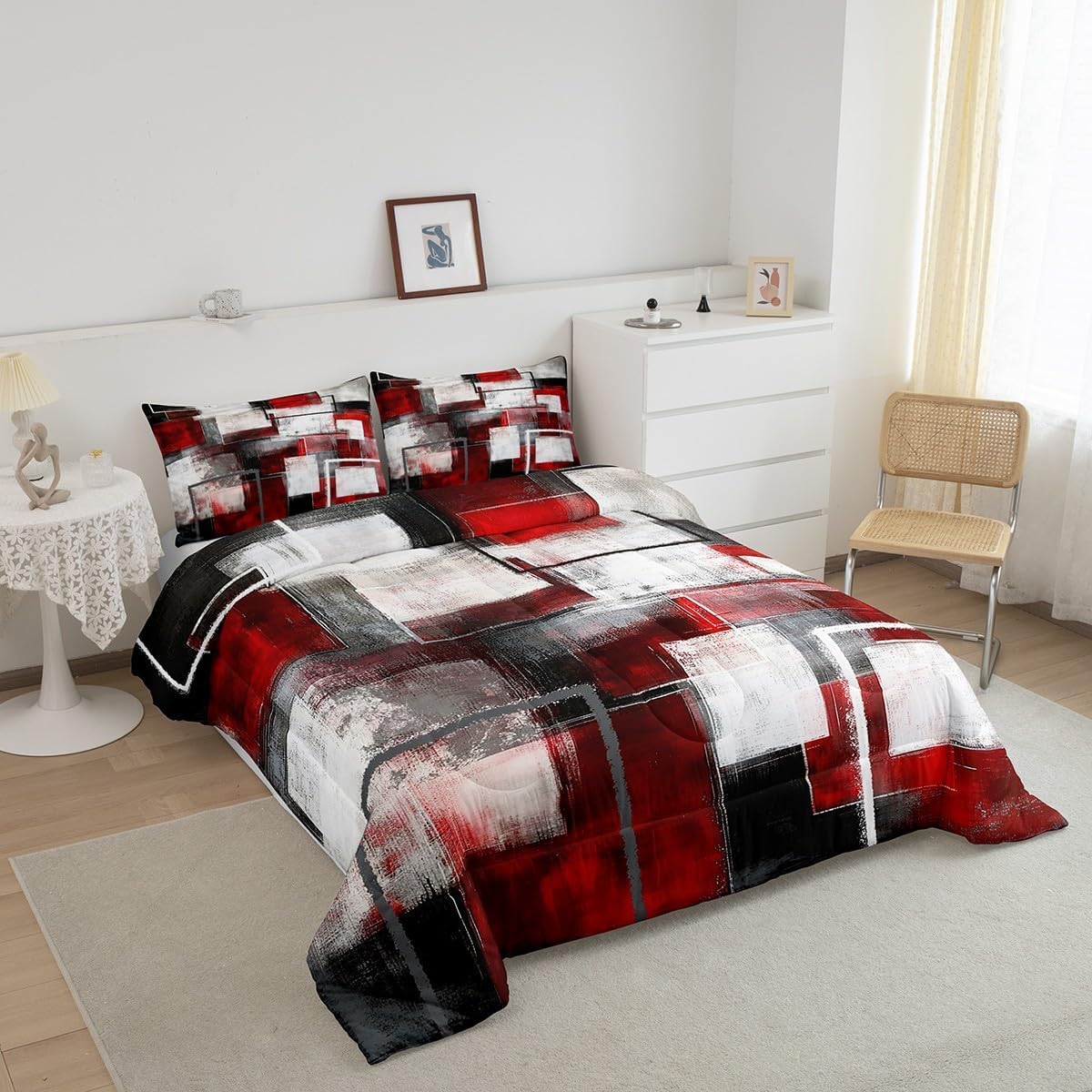 Feelyou Red Comforter Set Twin Size Abstract Comforter for Kids Teens Adults Bedding Set Geometric Duvet Set Room Decor 2Pcs with 1 Pillow Case