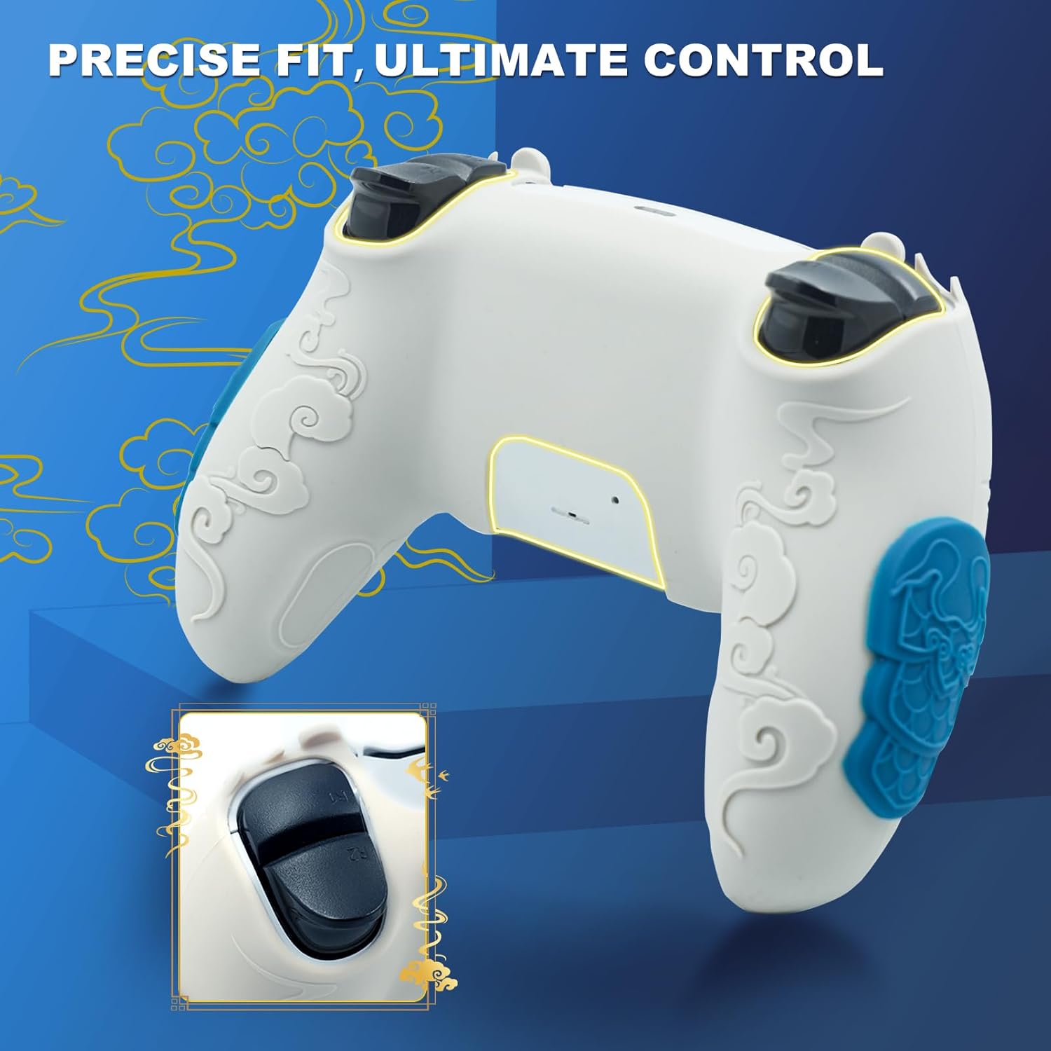 Grip Cover for PS5 Controller, Wukong-Inspired Ergonomic Silicone Cover with Fiery Eyes Joystick Caps, Chainmail Grip Design & Somersault Cloud Back (Grey) - Image 4