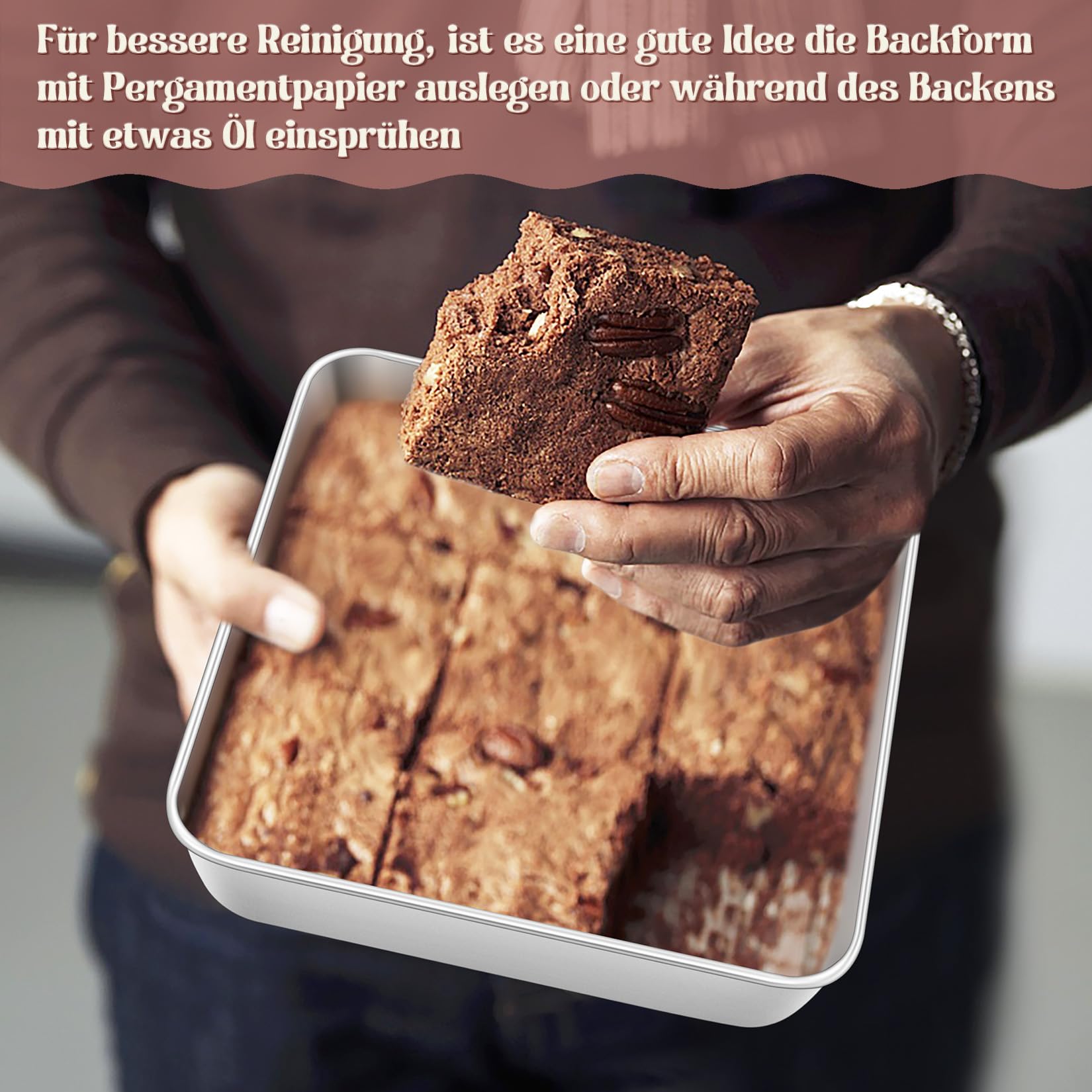 Onader Teglia quadrata per torte in acciaio inox, set da 2, 20 x 20 x 5 cm, perfetta per brownie, lasagne, torte, atossiche e lavabili in lavastoviglie