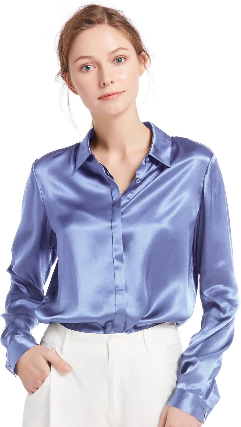 LilySilk Silk Blouse for Women 100% Pure Silk Long Sleeves Cool Smooth Tops French Blue Large