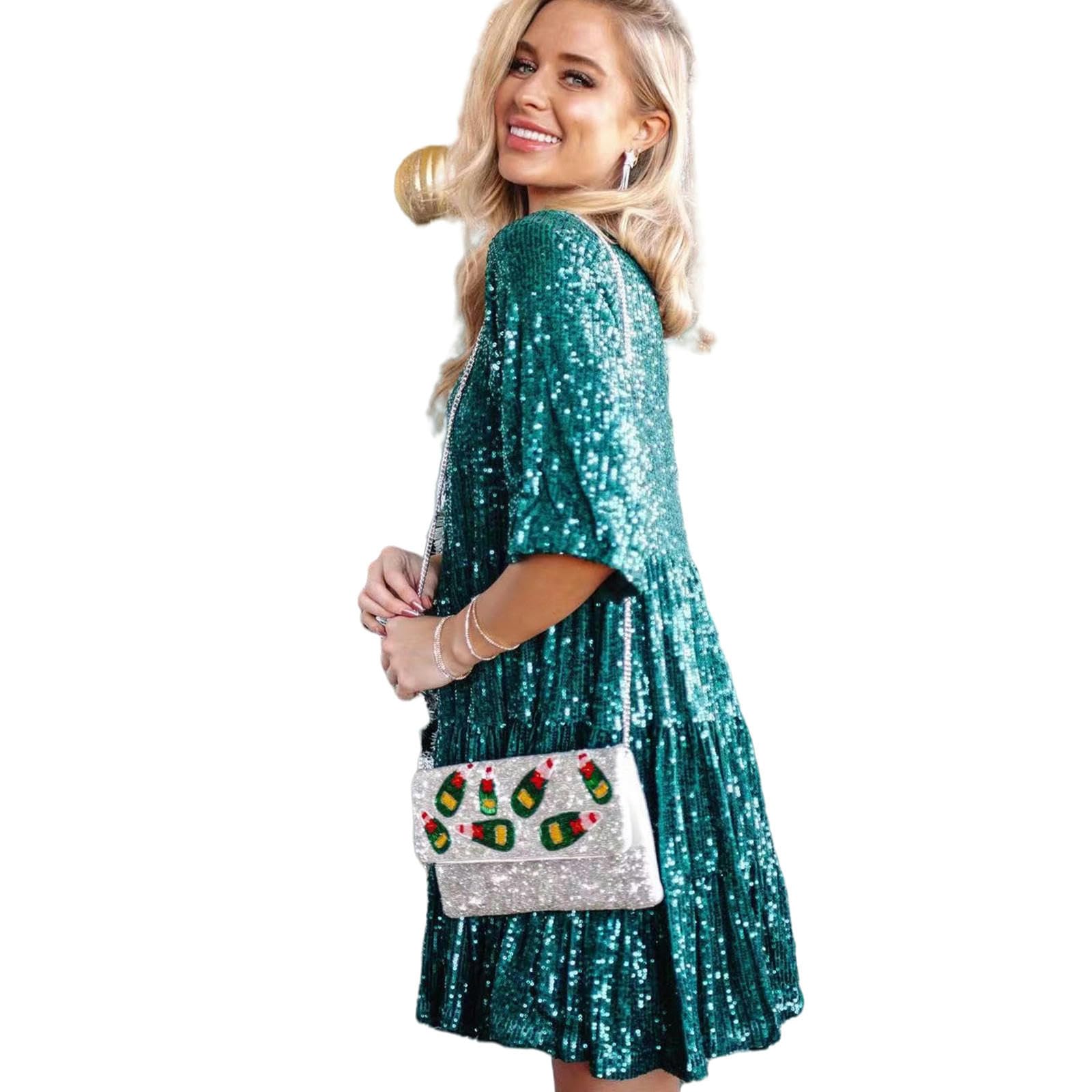 Abiti da Donna Abito da Donna con Paillettes di Paillettes Rotonda Gonna Corta Galza Sciolta A Manica Corta Abito per Banchetto Temperamento Elegante Abito Elegante