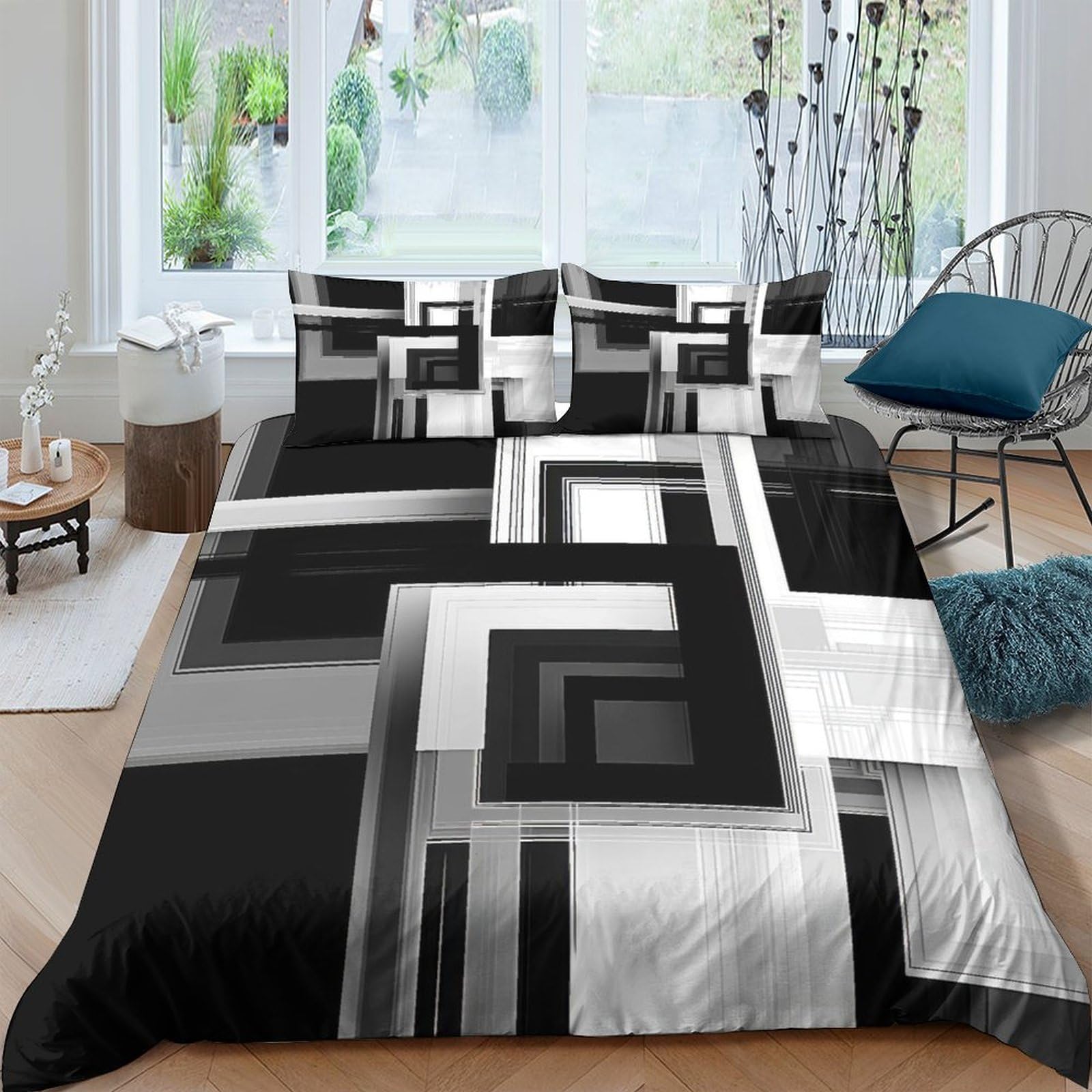 GPLZQXKJNH 3D Printed Geometric Block Pattern Duvet Cover Microfiber Soft Breathable Monochrome Modern Bedding Set with 2 Pillowcases for Bedroom Decor Single（135x200cm）