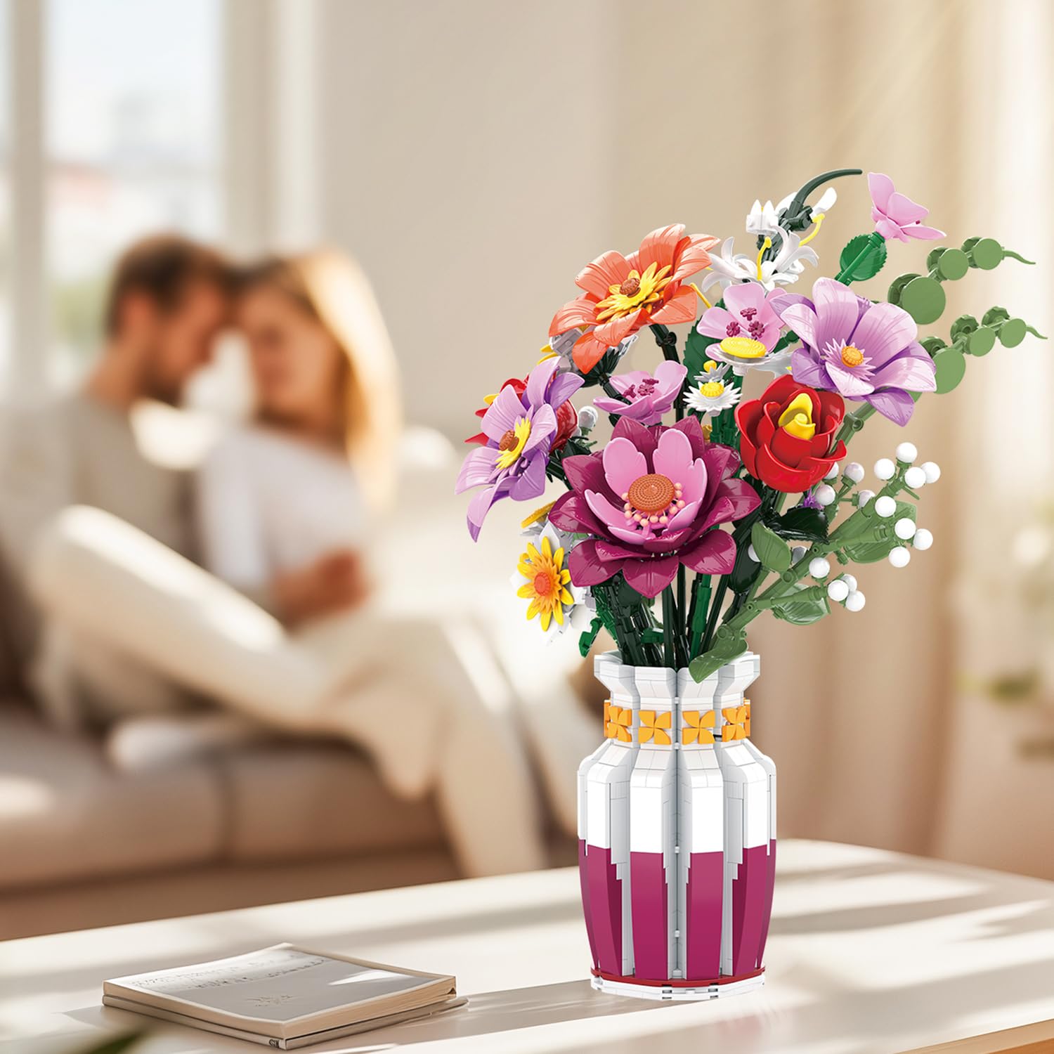 Set di Costruzione di Mazzetto di Fiori con Vaso Bicolor, 16 Set di Mazzetti di Fiori Artificiali per Adulti e Donne, Compatibile con la Collezione Botanica di Mazzetti di Fiori Lego, 1278 Pezzi