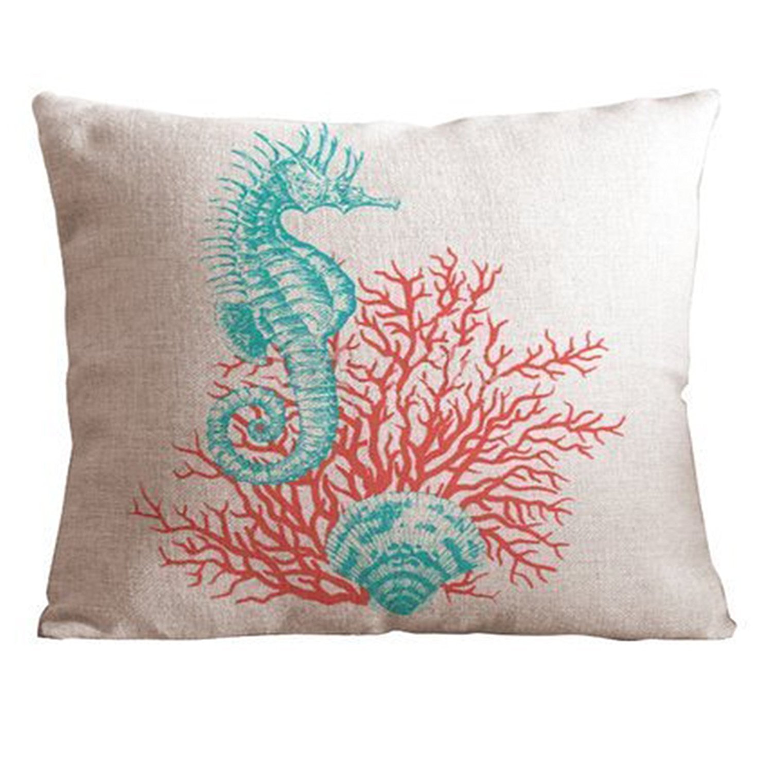 Cotton and Flax Ocean Park Theme Decorative Pillow Cover Case 16" x 16" Square Shape-ocean-beach-print (Coral Leaf)