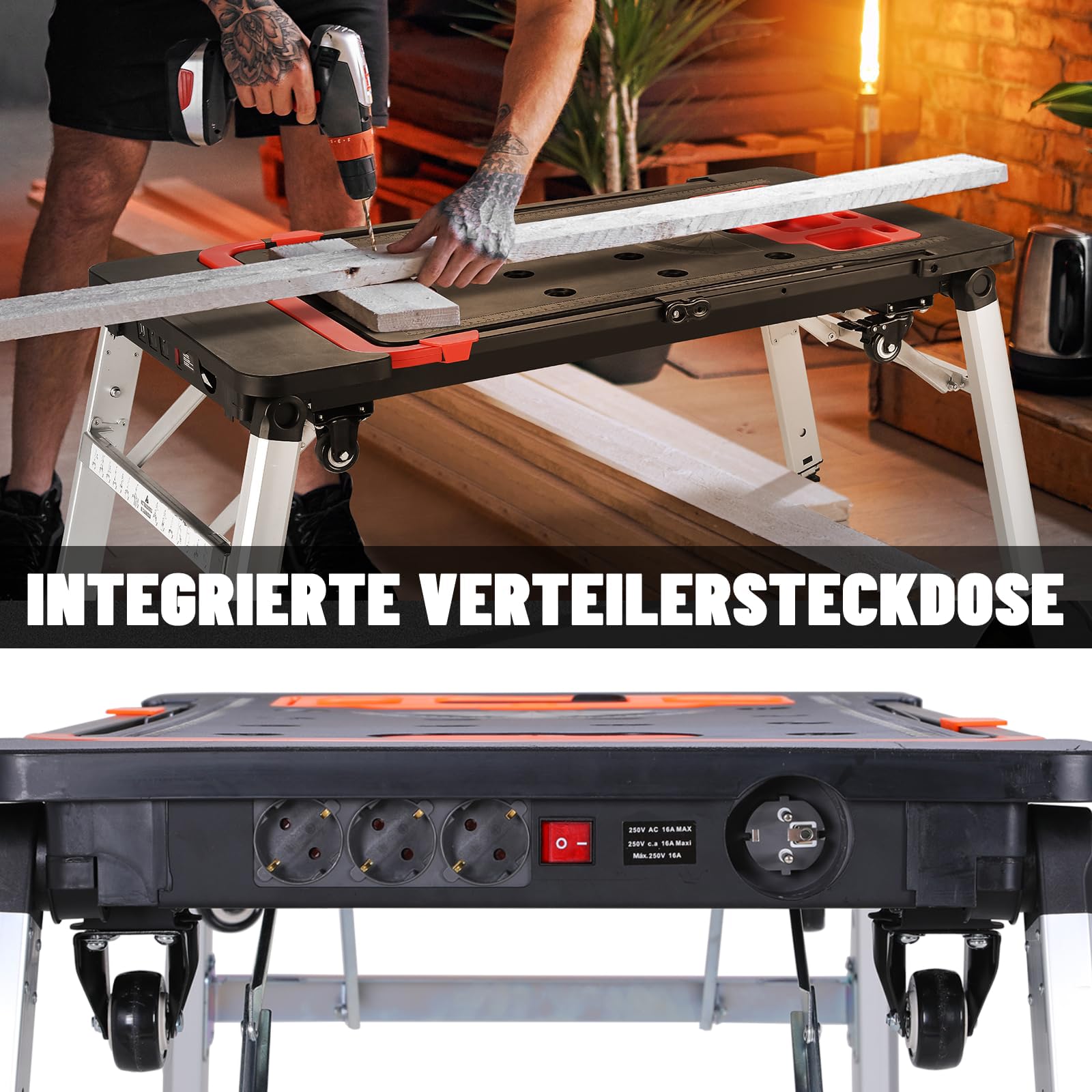 LIFERUN 7 in 1 Werkbank Klappbar,Faltbar Werktisch,Arbeitstisch Werkstatt Höhenverstellbar,Tragbar Spanntisch mit Integrierte Steckdose,Sackkarre Transportkarre mit 4 pcs Rollen,für DIY-Arbeitsplatz | Tragbar Spanntisch mit Integrierte Steckdose, Höhenver