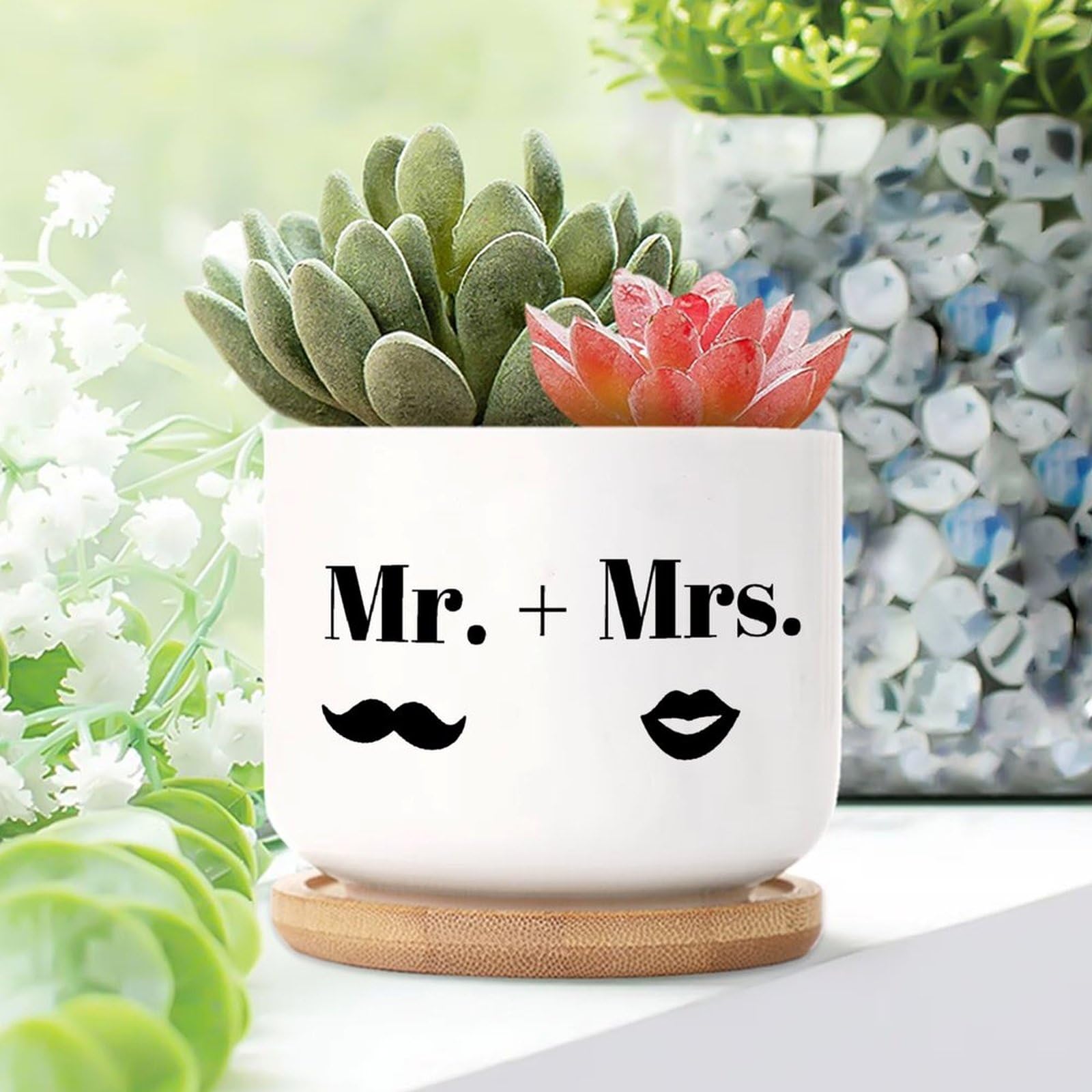 Yelolyio Mr. Mrs Planters Ceramic Family Quote Round Plant Pots With Drainage Holes And Bamboo Tray Pot For Home Desktop Office Windowsill