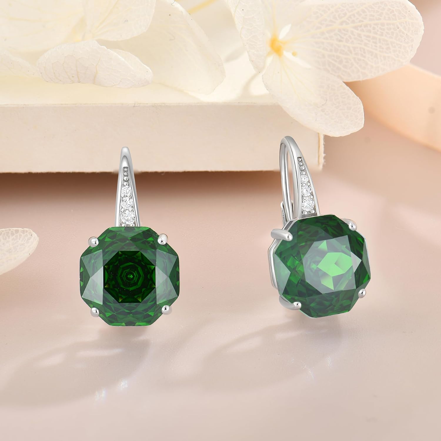 YIFISIY Rose Dangle Drop Earrings for Women, 925 Sterling Silver 10mm Rose cut Birthstone Octagonal Leverback Earring Flower Jewelry Gifts for Her - Image 4