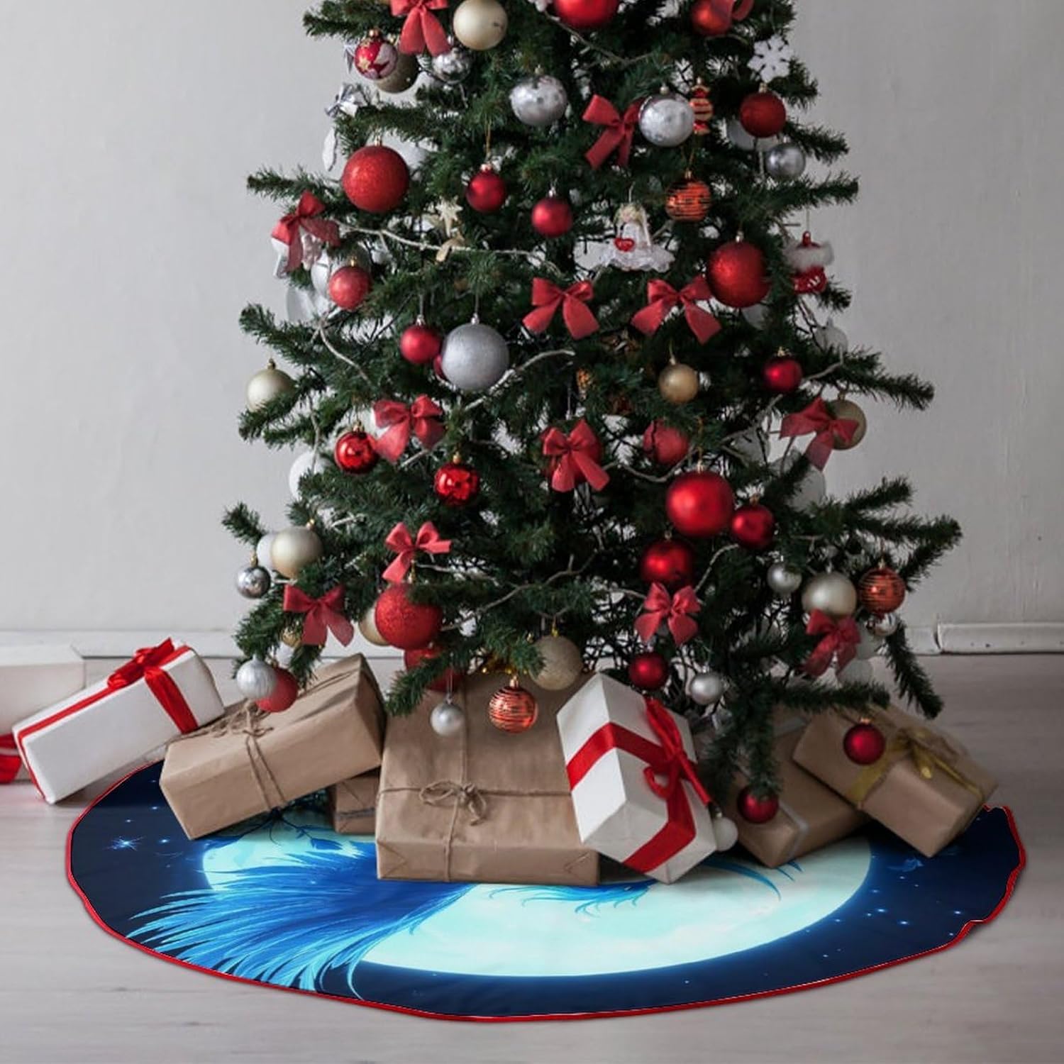 Iced Phoenixess Full Moon Christmas Tree Skirt Ornaments Christmas Tree Mat for Home Party Holiday Decorations