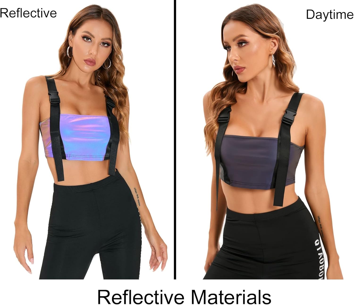 LZLRUN Women's Rainbow Reflective Crop Tops Tank Camis Metallic Holographic Camisole Rave Top Outfit - Image 4