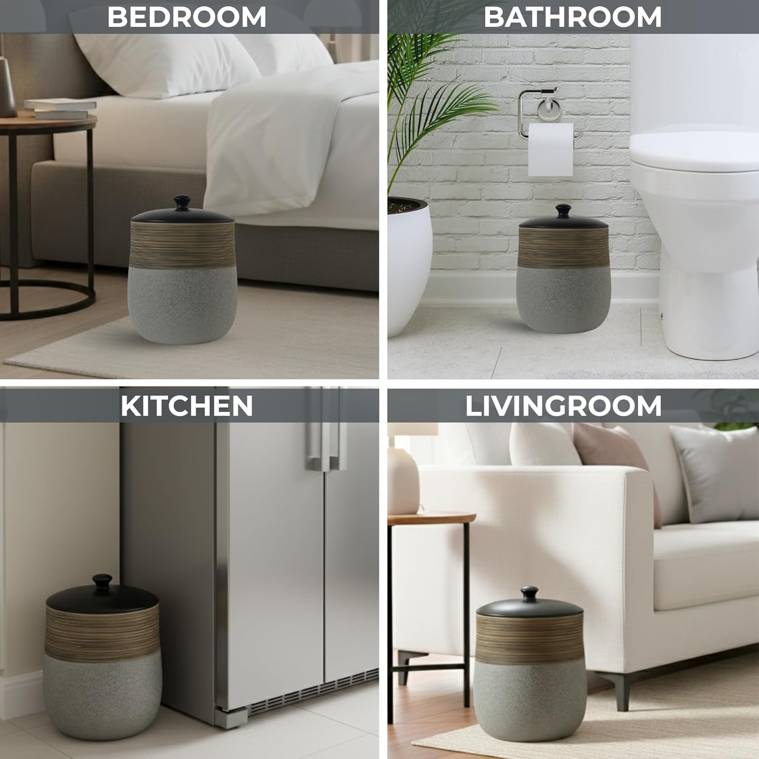 Vintage Luxury Stone Bathroom Trash Can with Lid 5L | 7" x 10" | Modern Ceramic Trash Can | Decorative Waste Basket for Bathroom, Bedroom, Kitchen, Hotels or Living Room Decor | Luxe Restroom Decor