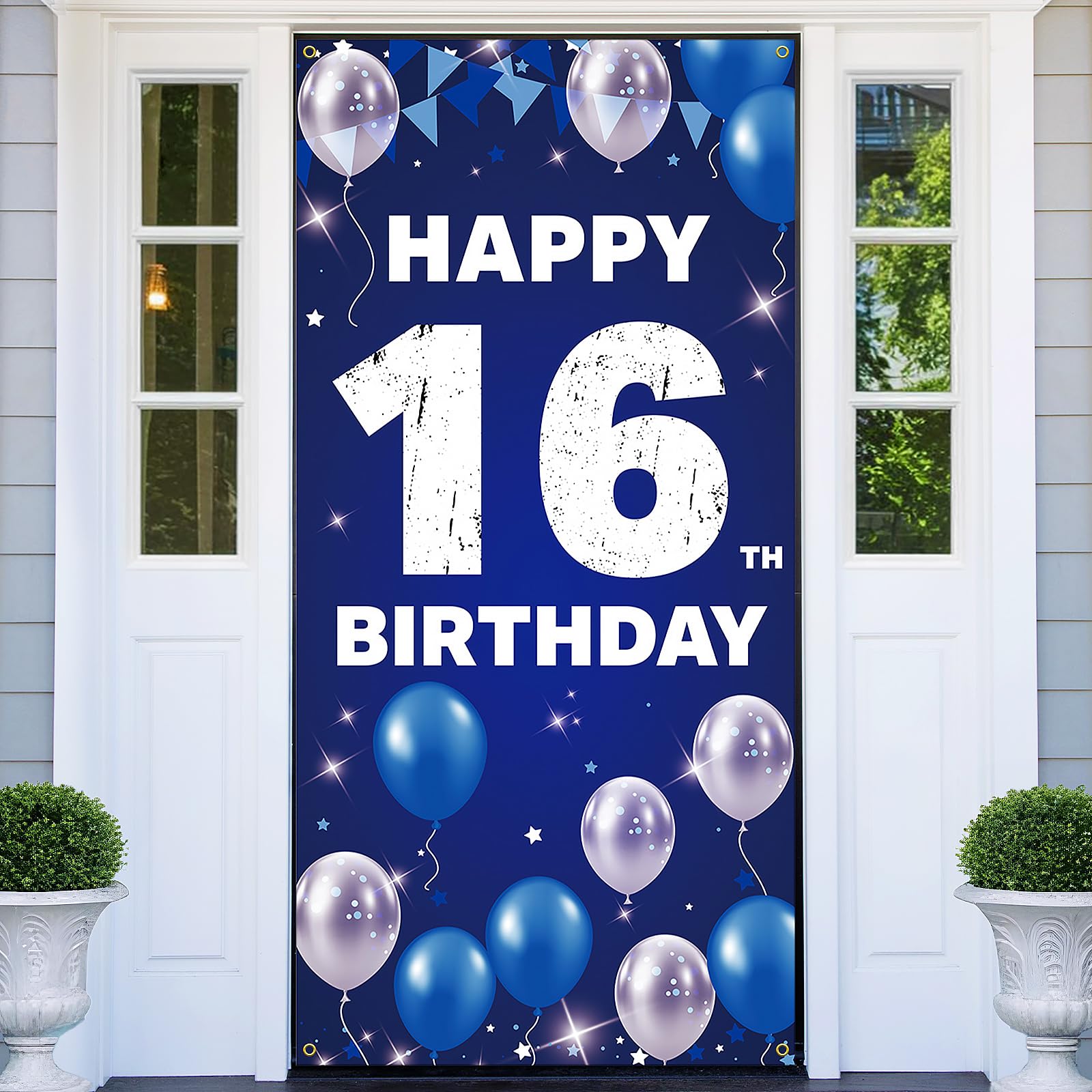 HTDZZI - Decoraciones para 16 cumpleaños de niños y niñas, tela azul plateada, pancarta de fondo para 16 cumpleaños, letrero para jardín, accesorios para fotomatón, decoración de puertas, suministros para fiestas de 16 años en interiores y exteriores