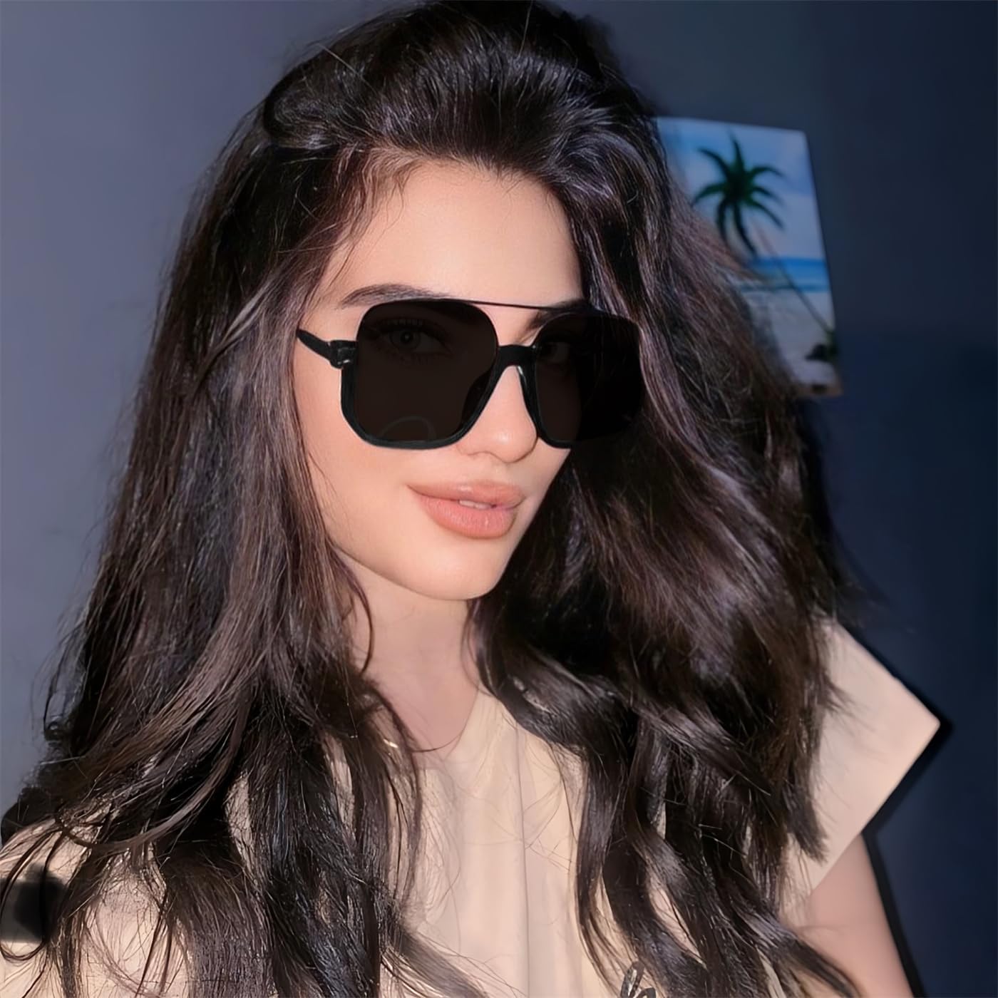 GUVIVI Square Oversized Aviator Sunglasses for Women Men 70s Semi-Frame image 3