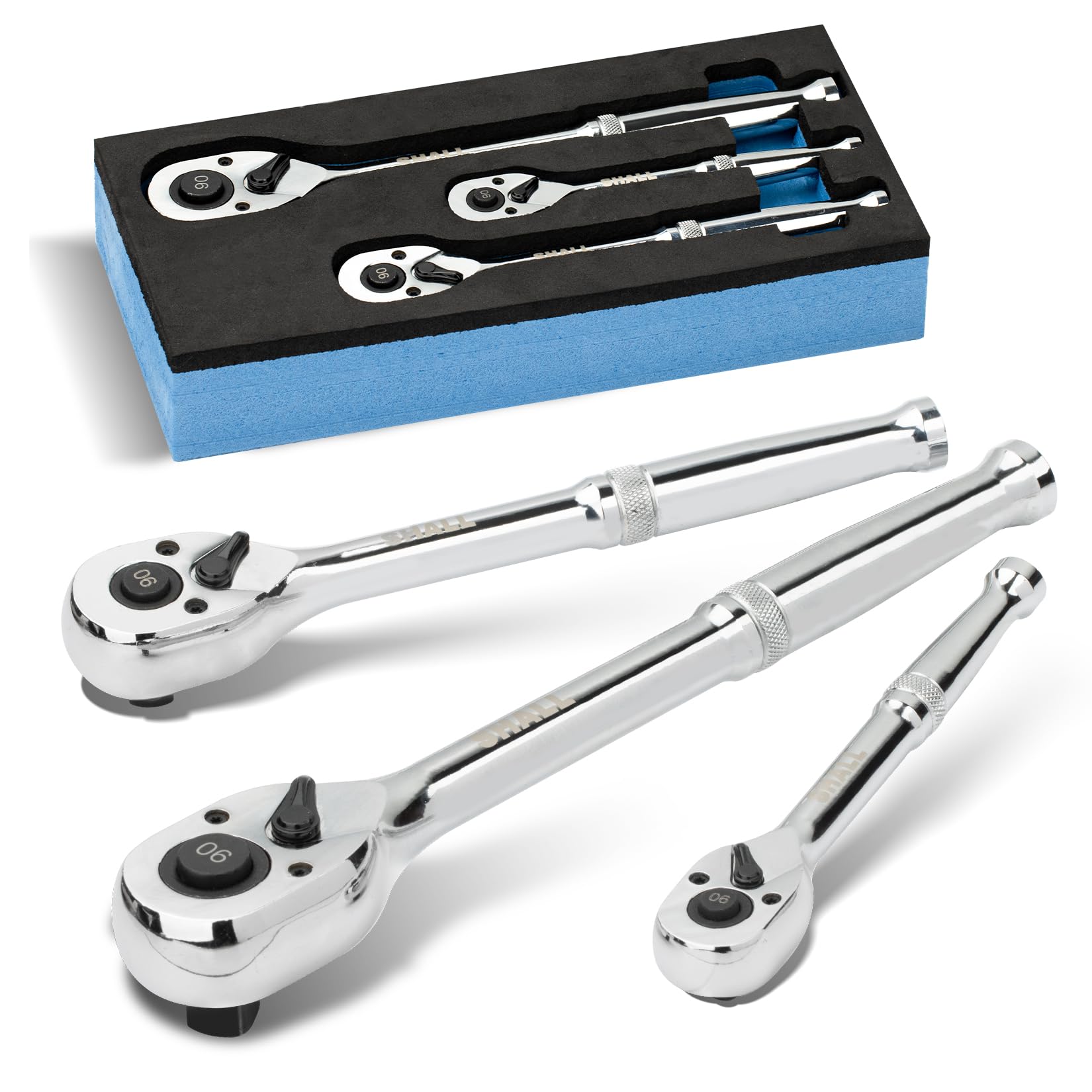 Shall 90-Tooth Ratchet Wrench Set, Chrome, 1/2", 3/8" & 1/4"