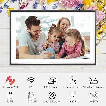 Frameo 15.6 Inch Large Digital Photo Frame, Digital Picture Frame with 32GB, 1920 * 1080 IPS HD Touch Screen, Tabletop&Wall-Mounted,Birthday,Wedding,Gifts for men/women/couples/Father/Mom/grandparents