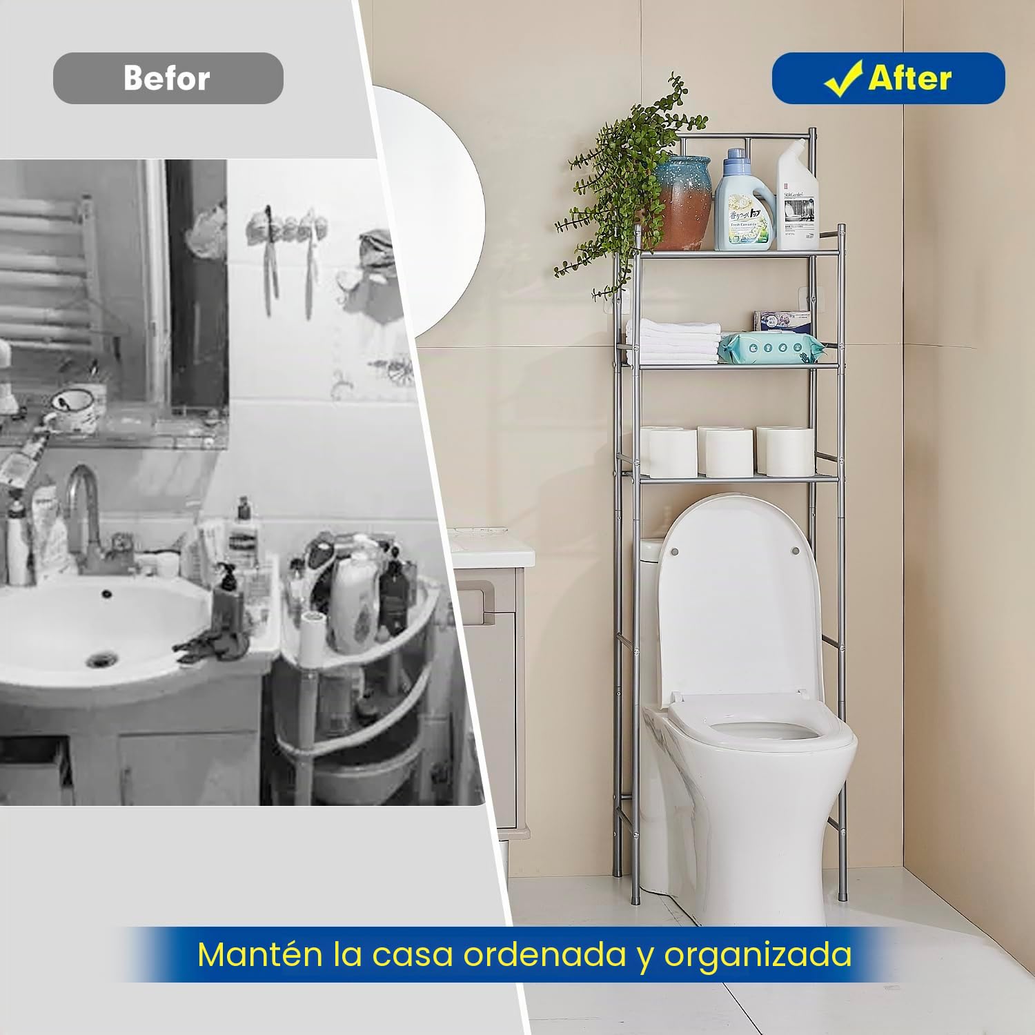 Estantería de Baño sobre Inodoro, 3 Niveles Mueble sobre Inodoro Armario, Estante de Almacenamiento de baño, Instalación Sin Taladros, Ahorra Espacio, Gris