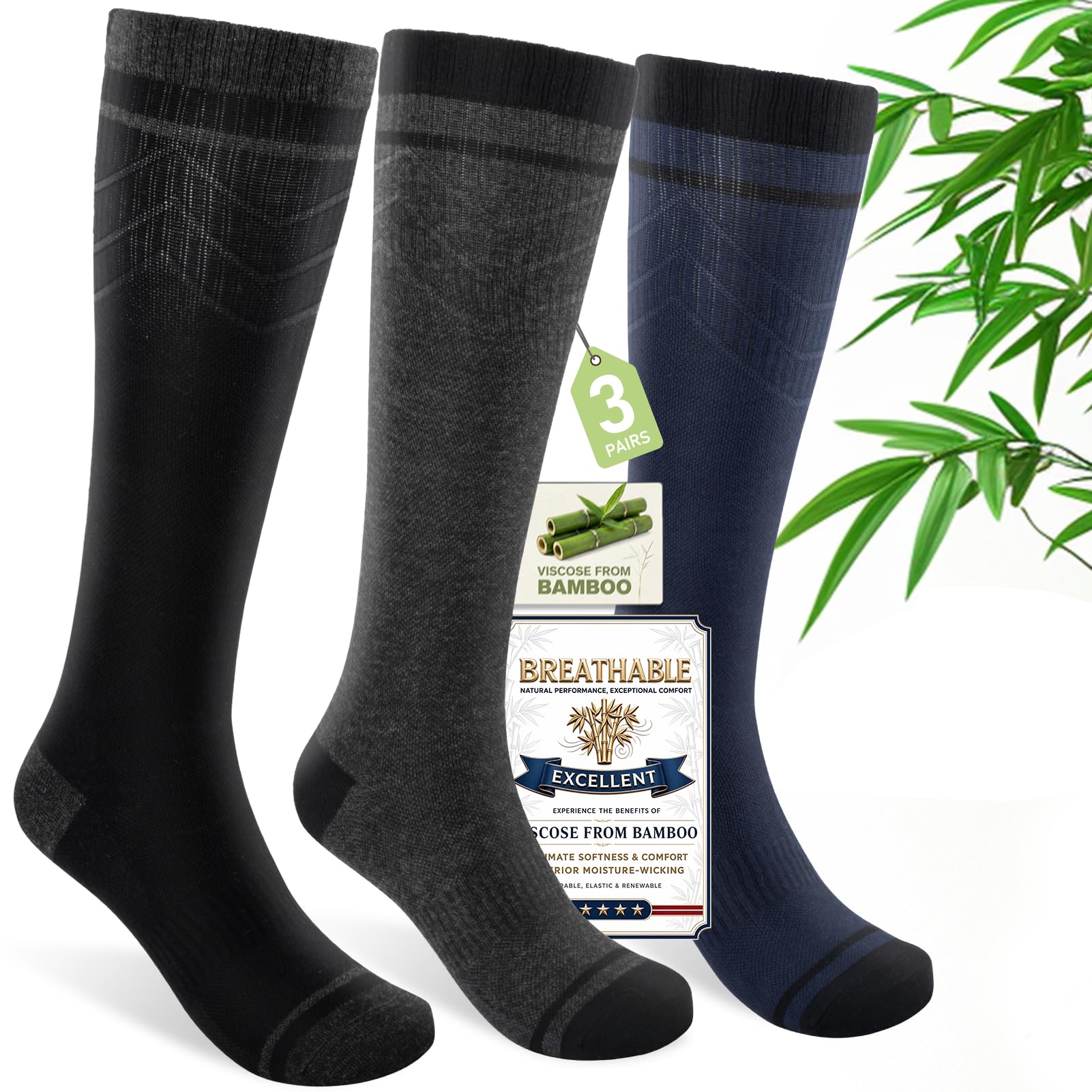 Bamboo Viscose Compression Socks for Women & Men (3 Pairs) 15-20 mmHg Knee High Support for Nurses, Travel, Pregnant L/XL（Black&Gray&Dark Blue）-image-45