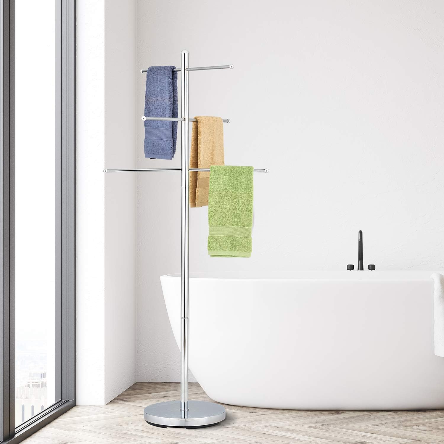 Tech Deals 🔥 MyGift 6-Rung Chrome-Plated Metal Indoor Standing Bathroom Hand Towel Rack/Freestanding Laundry Storage Clothes Drying Stand/Blanket Hanging Tree