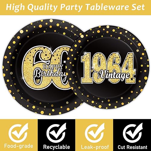 Miniatura 4 de 96 piezas de vajilla para fiesta de cumpleaños temática 60, suministros de fiesta de cumpleaños de 60 años, platos servilletas, tenedores, regalos