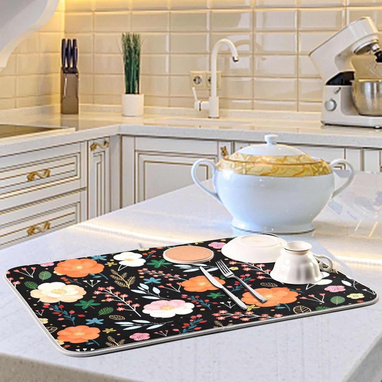 Dish Drying Mat for Kitchen Counter Colorful Flowers Black Absorbent Drying Matt for Dishes Sink Countertop 16'' x 18''