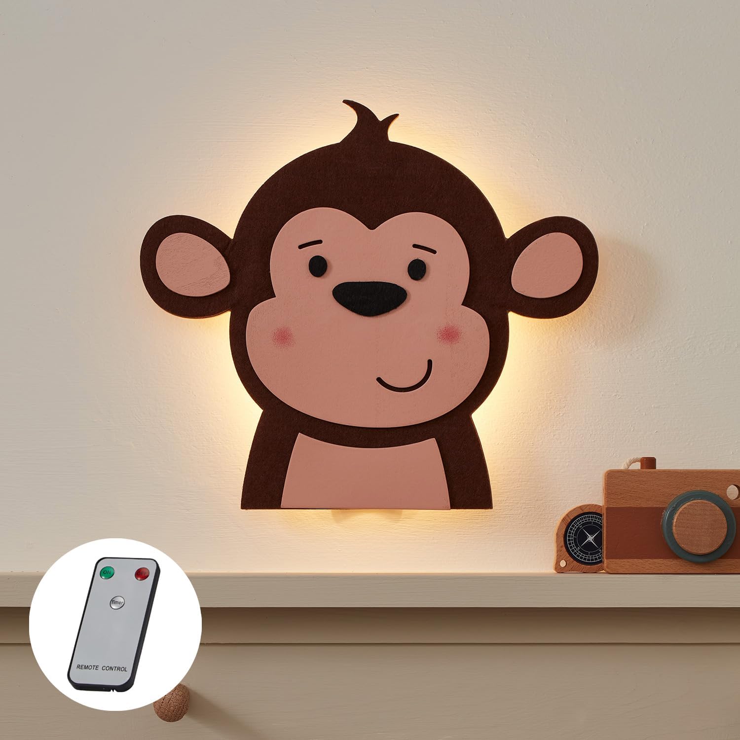 Lights4fun Battery Operated Dimmable LED Monkey Wall Light Children's Bedroom Nursery Decoration with Remote and Timer 25cm