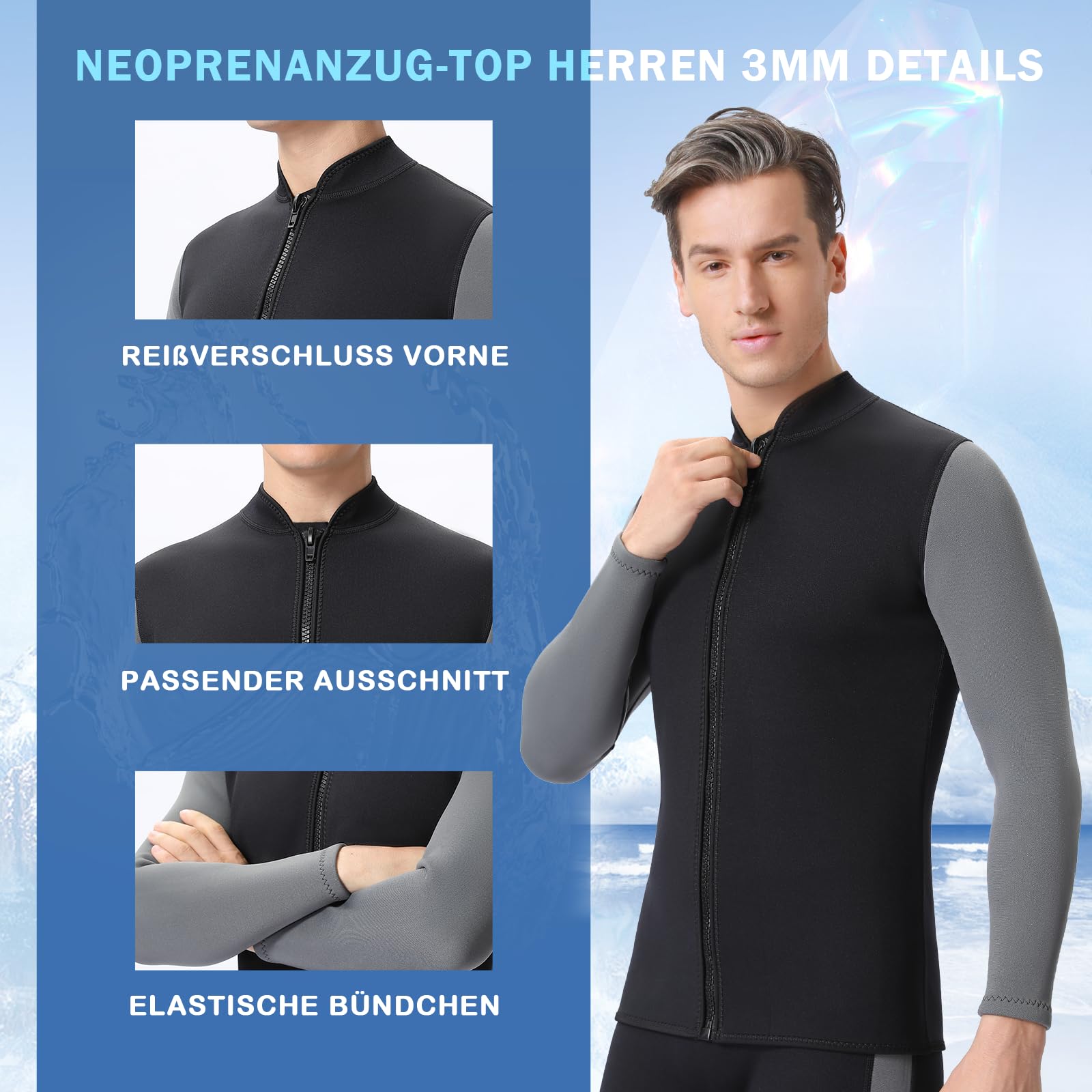 FLEXEL Veste de Combinaison en Néoprène Homme Femme 3mm, Veste de plongée Top à Manches Longues Rash Guard Fermeture éclair sur Le Devant pour Le Surf, la Natation, la Plongée en apnée