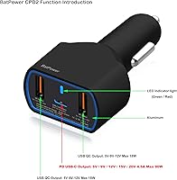 Vista 3 de BatPower Cargador de coche para laptop USB-C de 120 W compatible con Surface Book Laptop 4 3 Pro 10 9 8 X 7 HP Razer Dell USB-C Cargador de vehículo