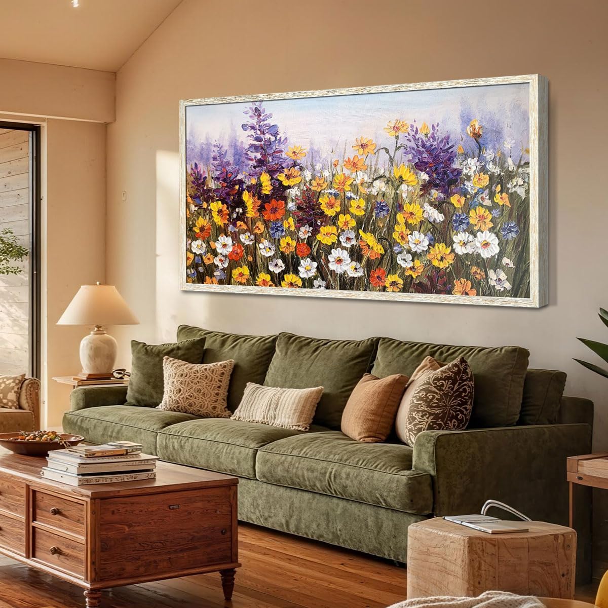 Ardemy Flowers Wall Art Canvas Daisy Colorful Bloosom Artwork Modern Landscape Painting, Purple Yellow Floral Picture Large Size Framed for Living Room Bedroom Bathroom Office Home Decor, 40"x20"