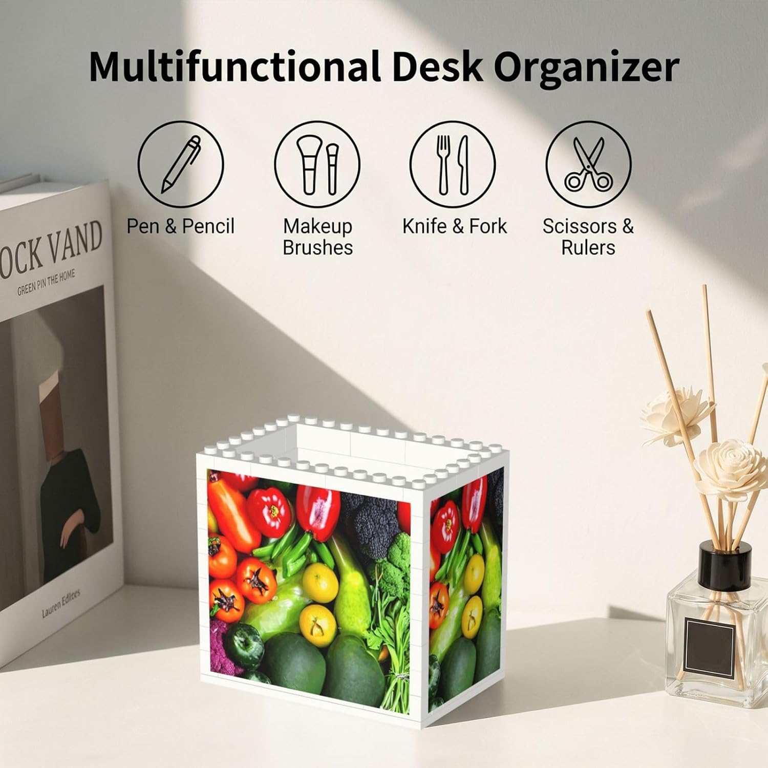 Fresh Vegetables Fruits Print Uv Print Block Pencil Cup, Detachable Creative Block Desk Organizer Office Abs Pen Holder image 5