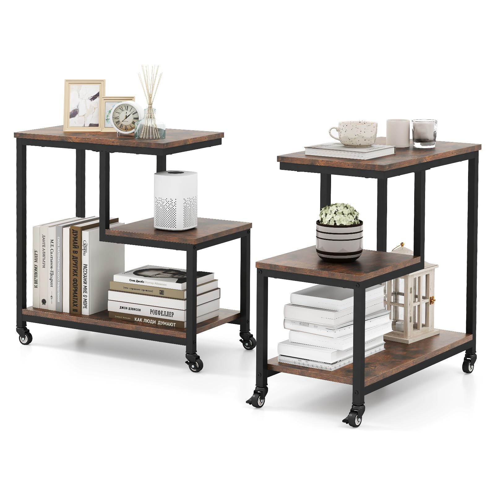 Giantex 3-Tier Side Table with Wheels Set of 2, G-Shaped Mobile End Table with Open Shelves & Metal Frame, Rolling Sofa Couch Table for Living Room