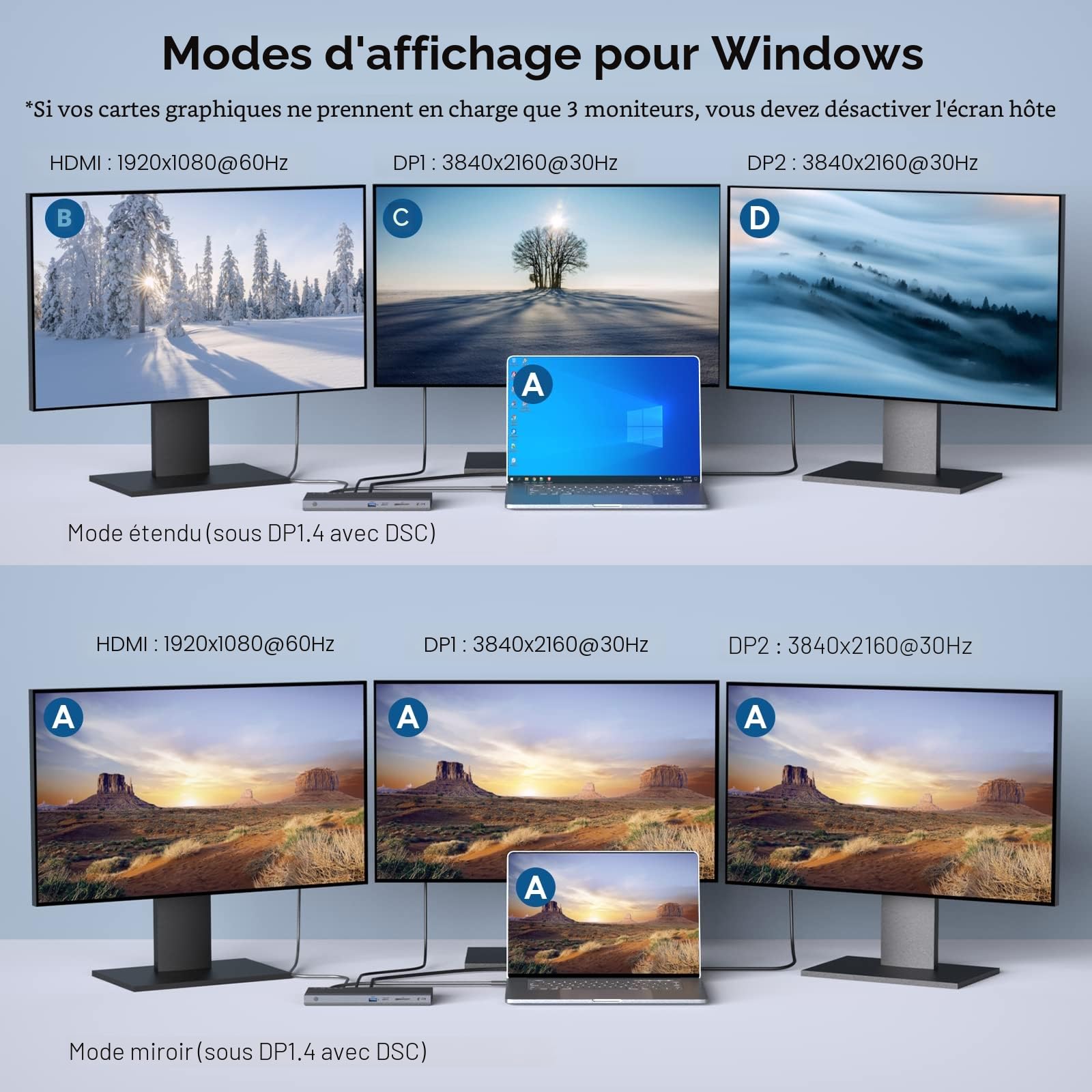 Station d'accueil USB C Triple écran avec Alimentation 100W, Station d'accueil Type C 13 en 1, Adaptateur WAVLINK USB-C avec 2 * 4K DP, HDMI, Ethernet,4 USB3.0, SD/TF,Audio