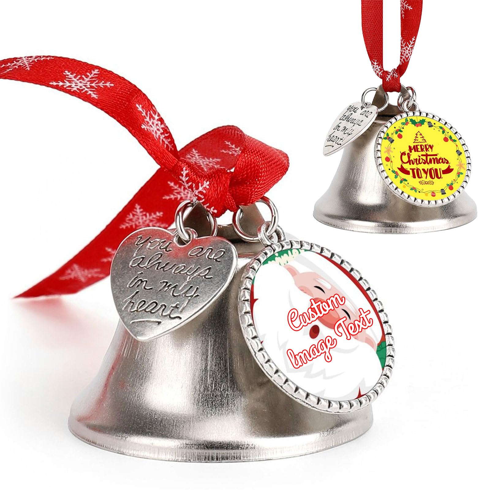 custyoulife Custom Christmas Bell & Love Bell Ornament Personalised Christmas Ornaments with Image Text Christmas Tree Decorations for Anniversaries Holiday, Friends, Families (Style 1)