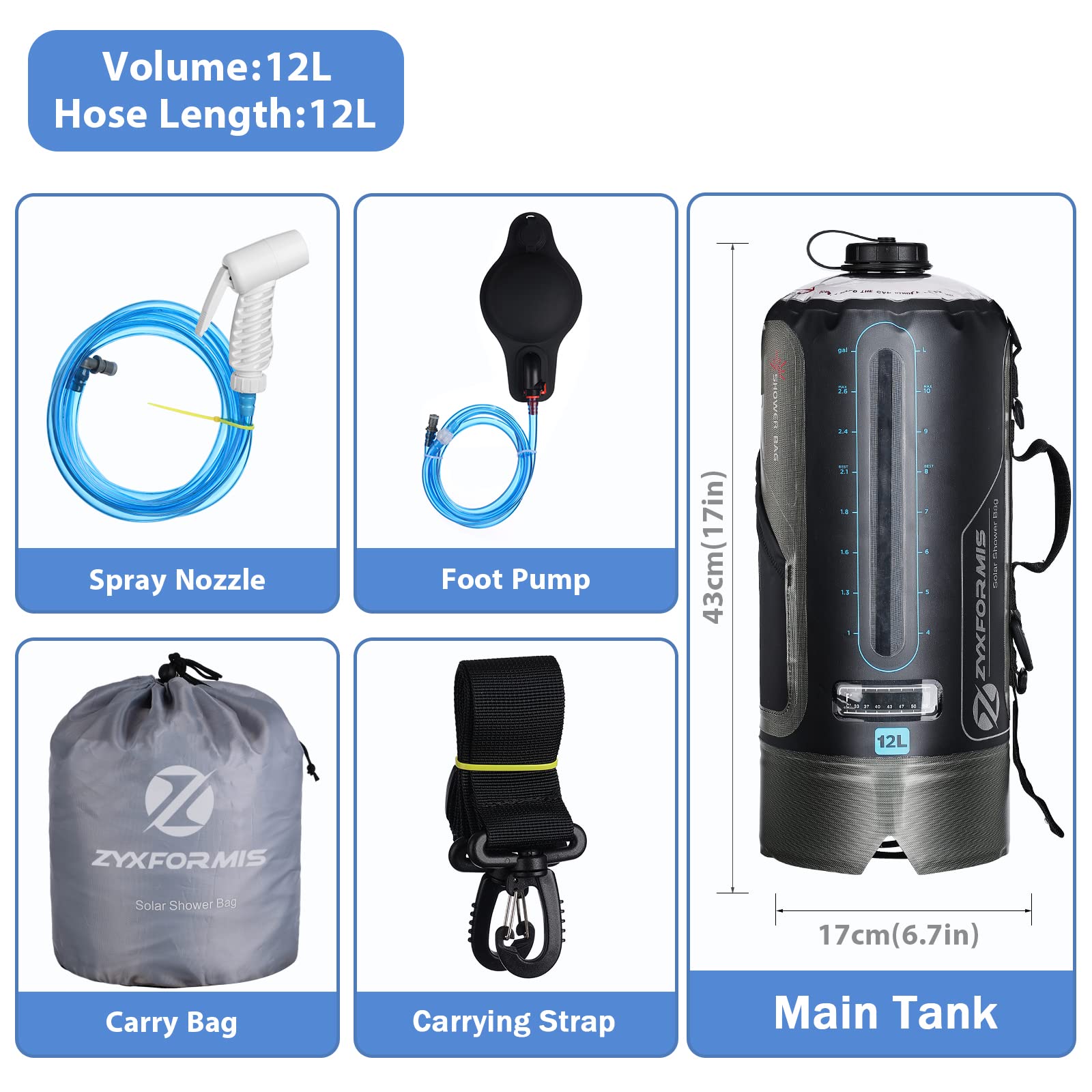 Borsa da campeggio portatile alimentata a energia solare da campeggio 12L in TPU con tubo rimovibile lungo e pompa Ugello doccia e temperatura Display Pieghevole leggero Escursionismo Borsa da bagno