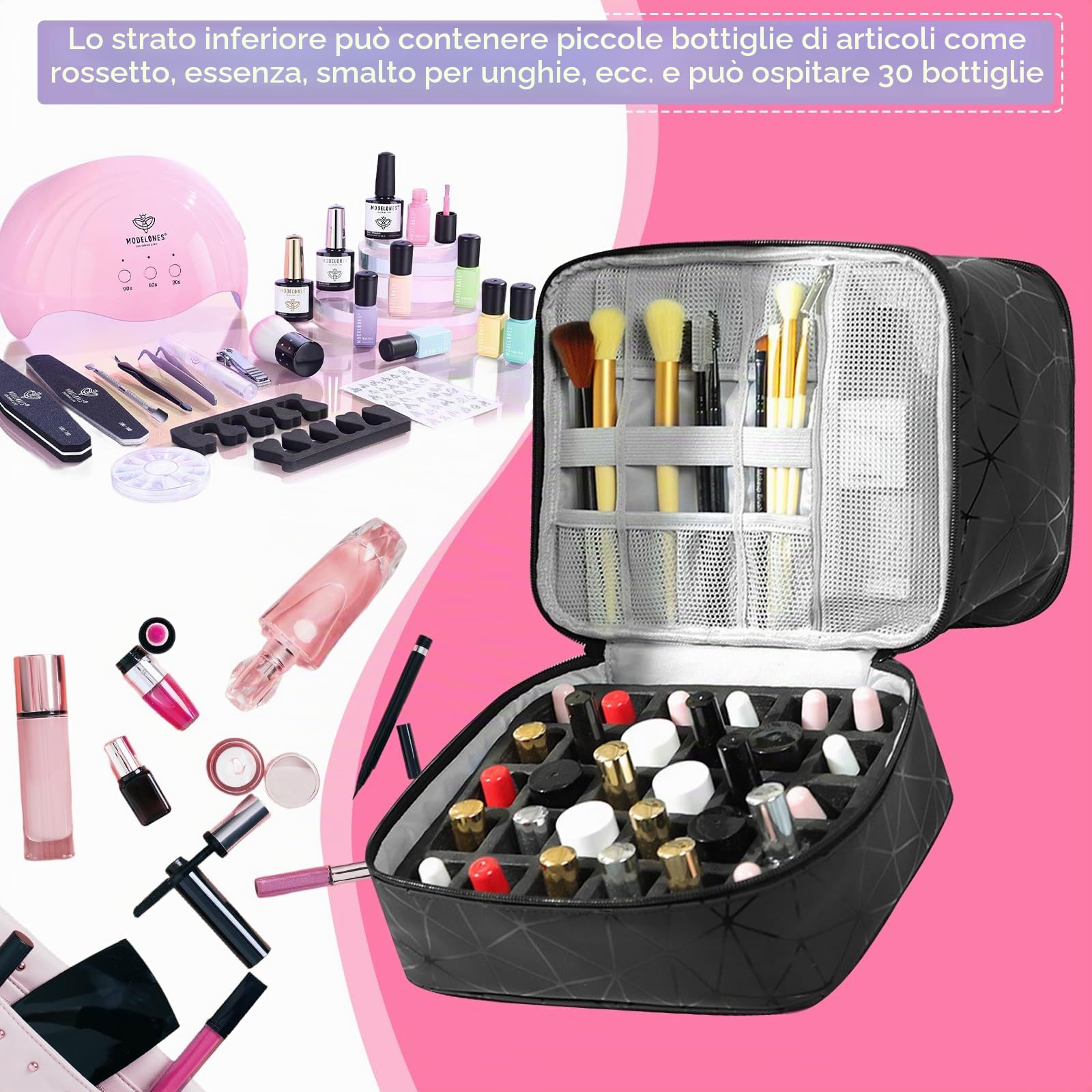 HA BIN Borsa Organizer Porta Smalti Professionale, per 30 Bottiglie e Lampada UV Custodia Impermeabile con Scomparti, Beauty Case da Viaggio Donna Ideale per Estetiste e Appassionati di Nail Art
