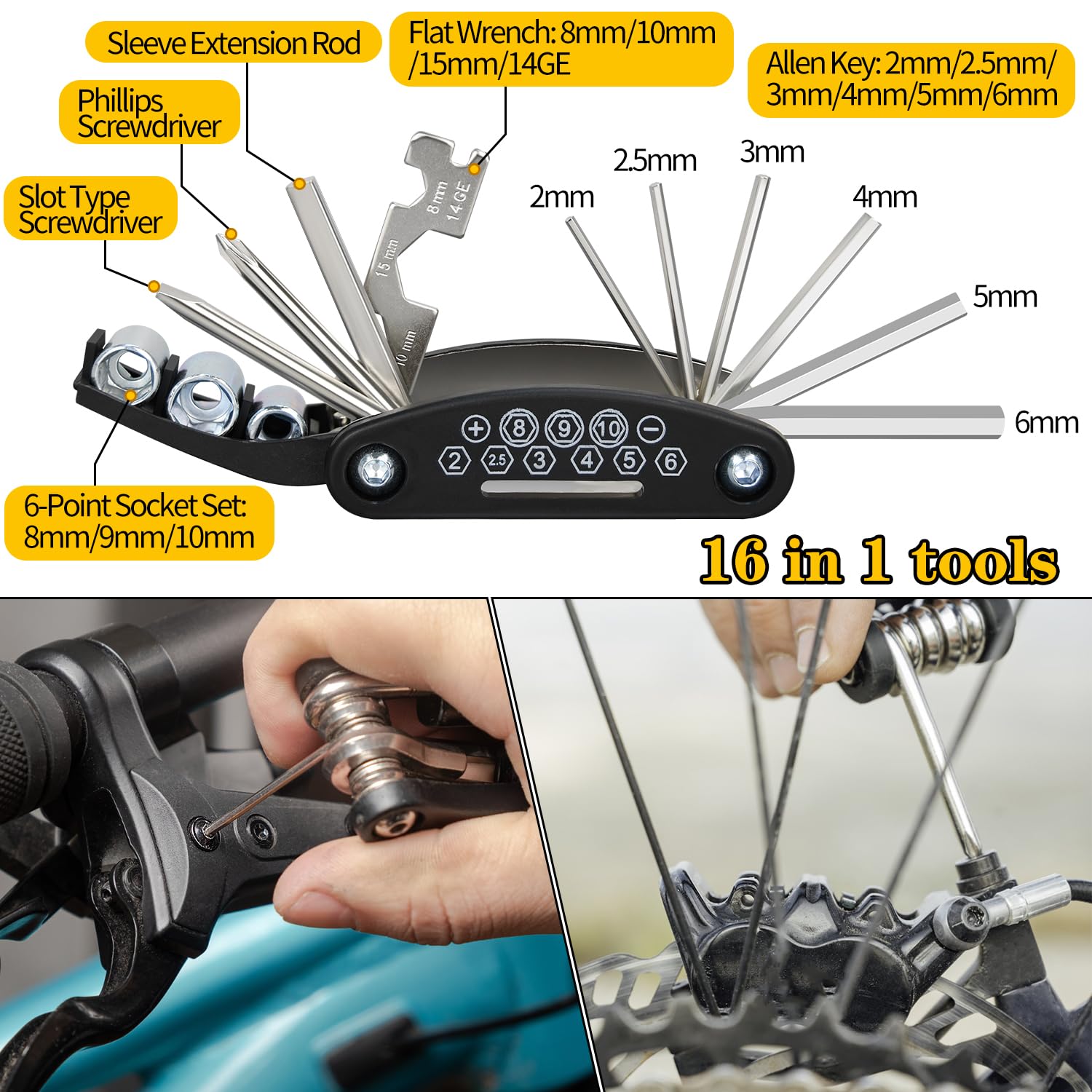 Bike Repair Kit, Bicycle Repair Bag with Tire Pump, Bike Tool Kit for Camping Travel, 16-in-1 Bike Multitool, Bicycle Tire Repair Kit, 4mm and 5mm Allen Wrenches, Used for Mountain Bike and Road Bike