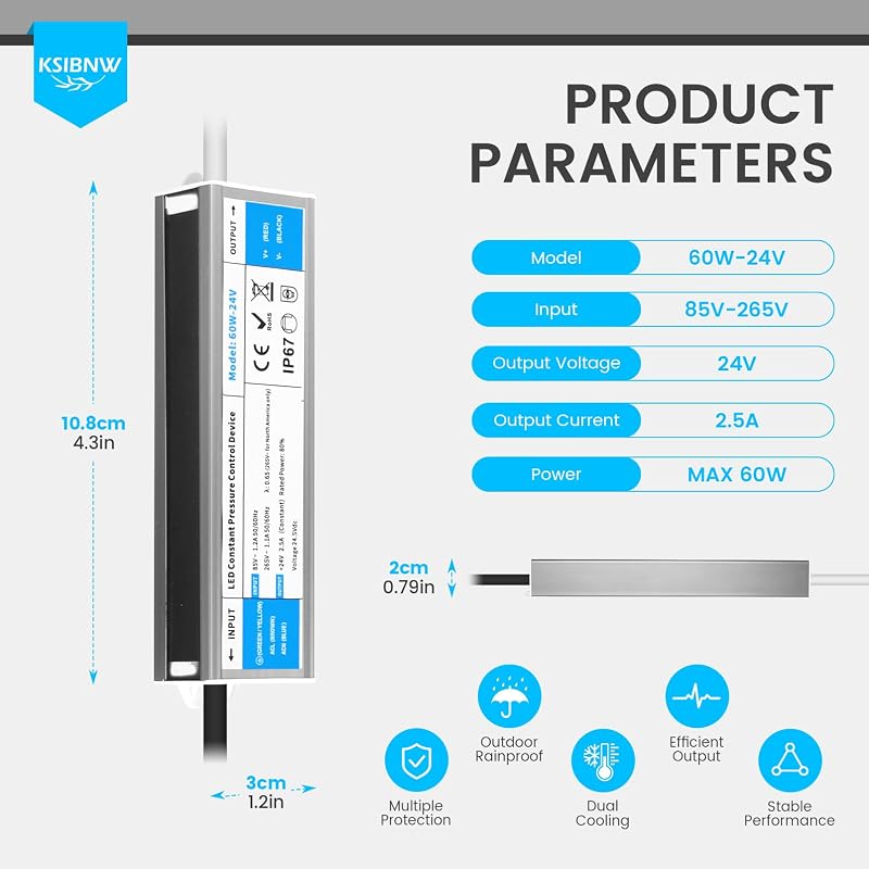 KSIBNW LED Transzformátor 24V 60W IP67 Vízálló Kültéri Tápegység EU Csatlakozóval - Túlfeszültség Védelemmel LED Szalagokhoz, Kerti Világítá