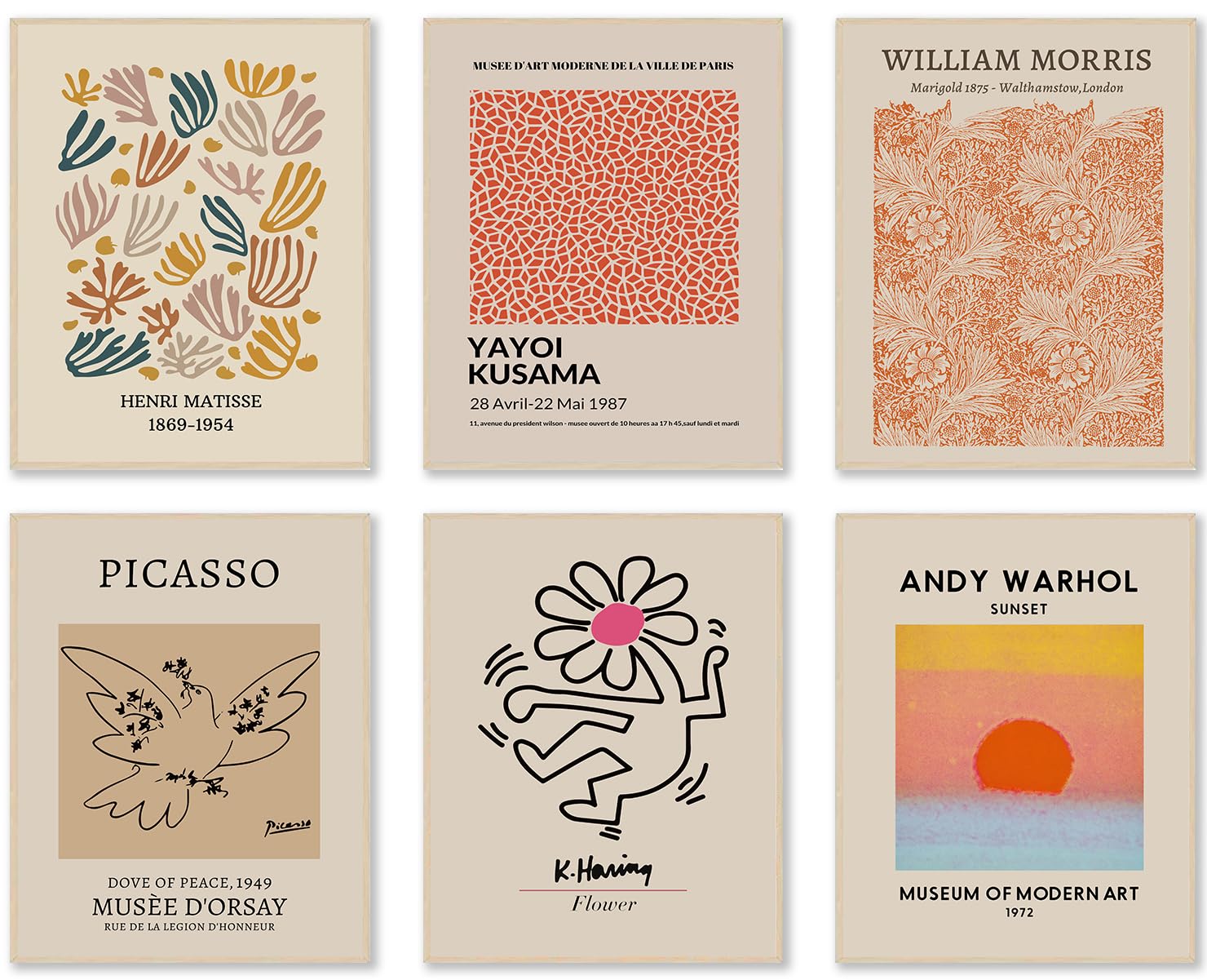 Matisse Wall Art Prints Set of 6, Abstract Matisse Wall Art Exhibition Posters Beige Yellow Picasso Flower Market Art Prints William Morris Poster, Boho Canvas Paintings Pictures for Aesthetic Room,