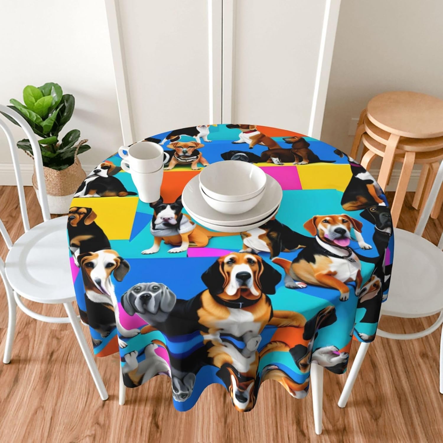 Beagle Patterns Round Tablecloth - 60 Inch Polyester Table Cloth Decorative Fabric Table Cover for Dining Table