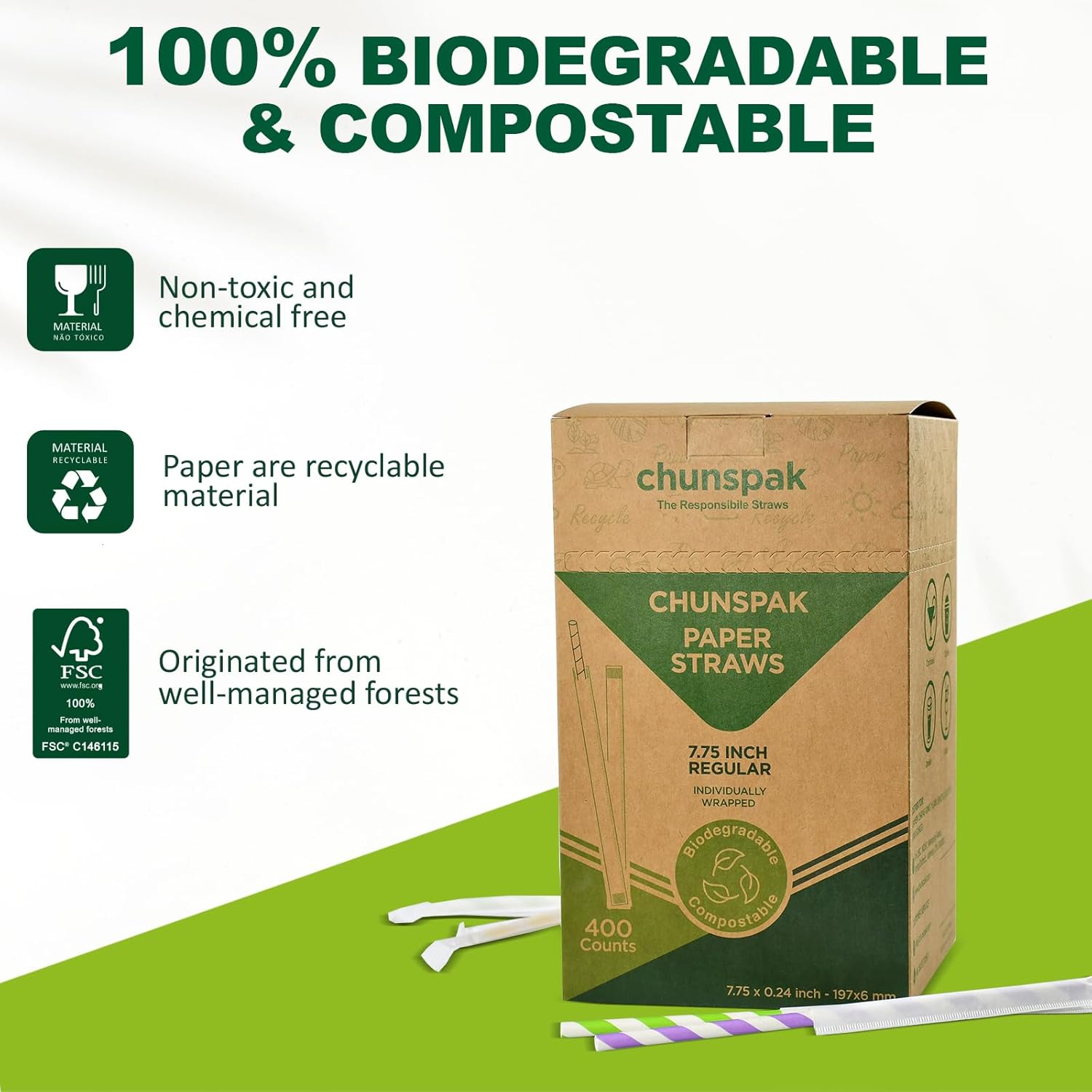 Individually Wrapped Disposable Paper Drinking Straws 7.75'' x 0.24'' - Colorful Stripes [400 Counts] - Eco-friendly Biodegradable - Image 6