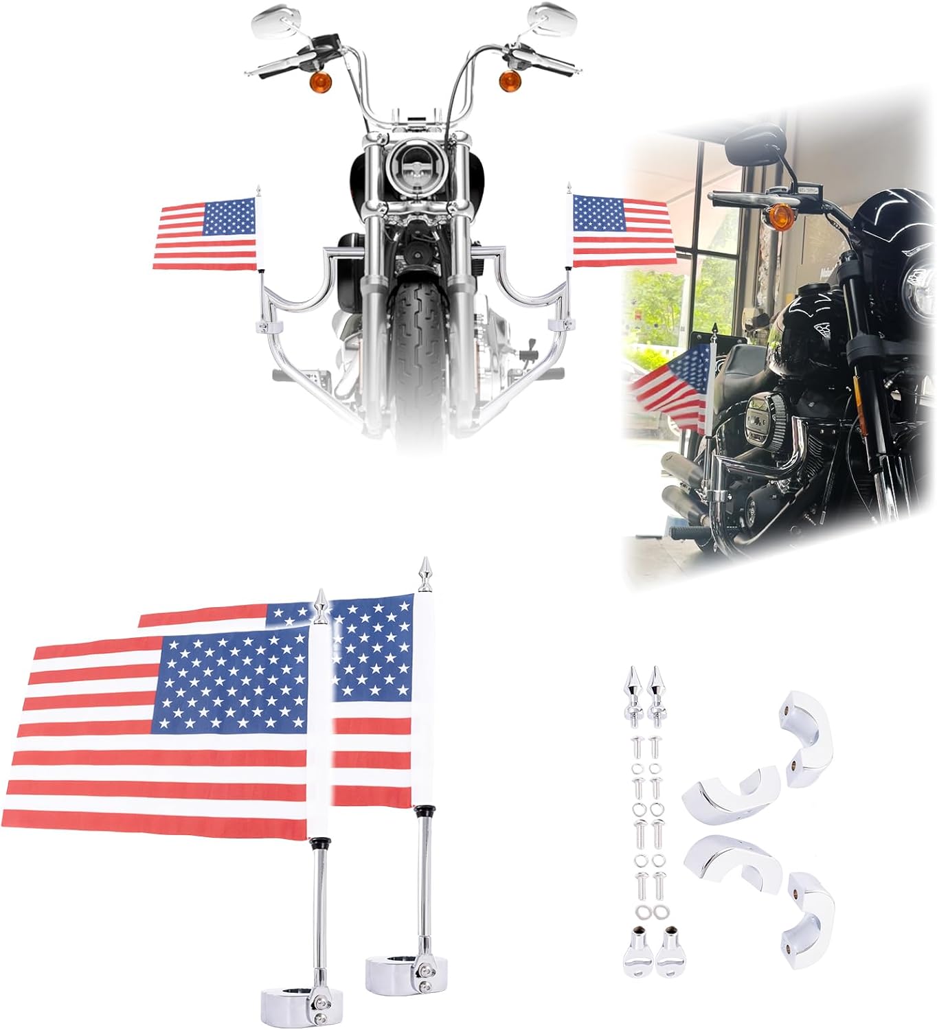 Kinglemc Engine Guard Crash Bar Freeway Bar Pole Holder Mount Bracket Clamp with American Flag Fit 1.25 Highway Bar (Silver)