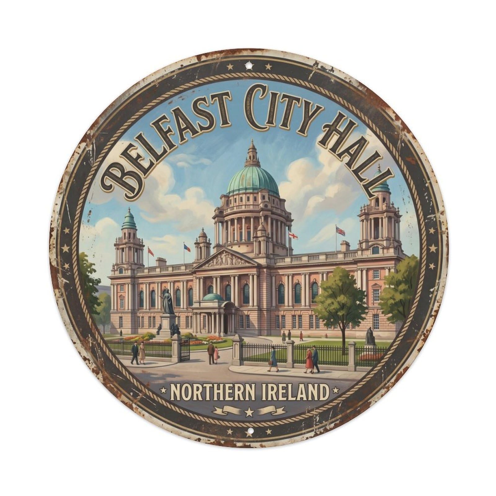 Fqcyn Style Vintage Travel Belfast City Hall Metal Tin Sign Plaque Wall Decor For Cafe, Club Bar, Office, Home Garden Round Metal Poster 8X8inch