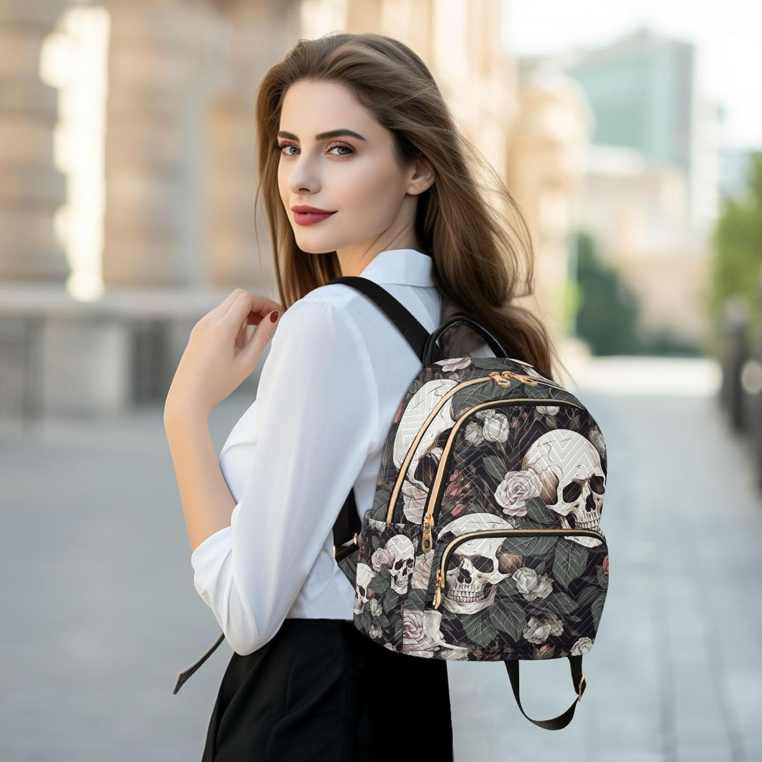 ALAZA White Skull Rose Flowers Black Small Backpack Purse for Women Travel Bag Lightweight Shoulder Bag Fashion Daypack - Image 6